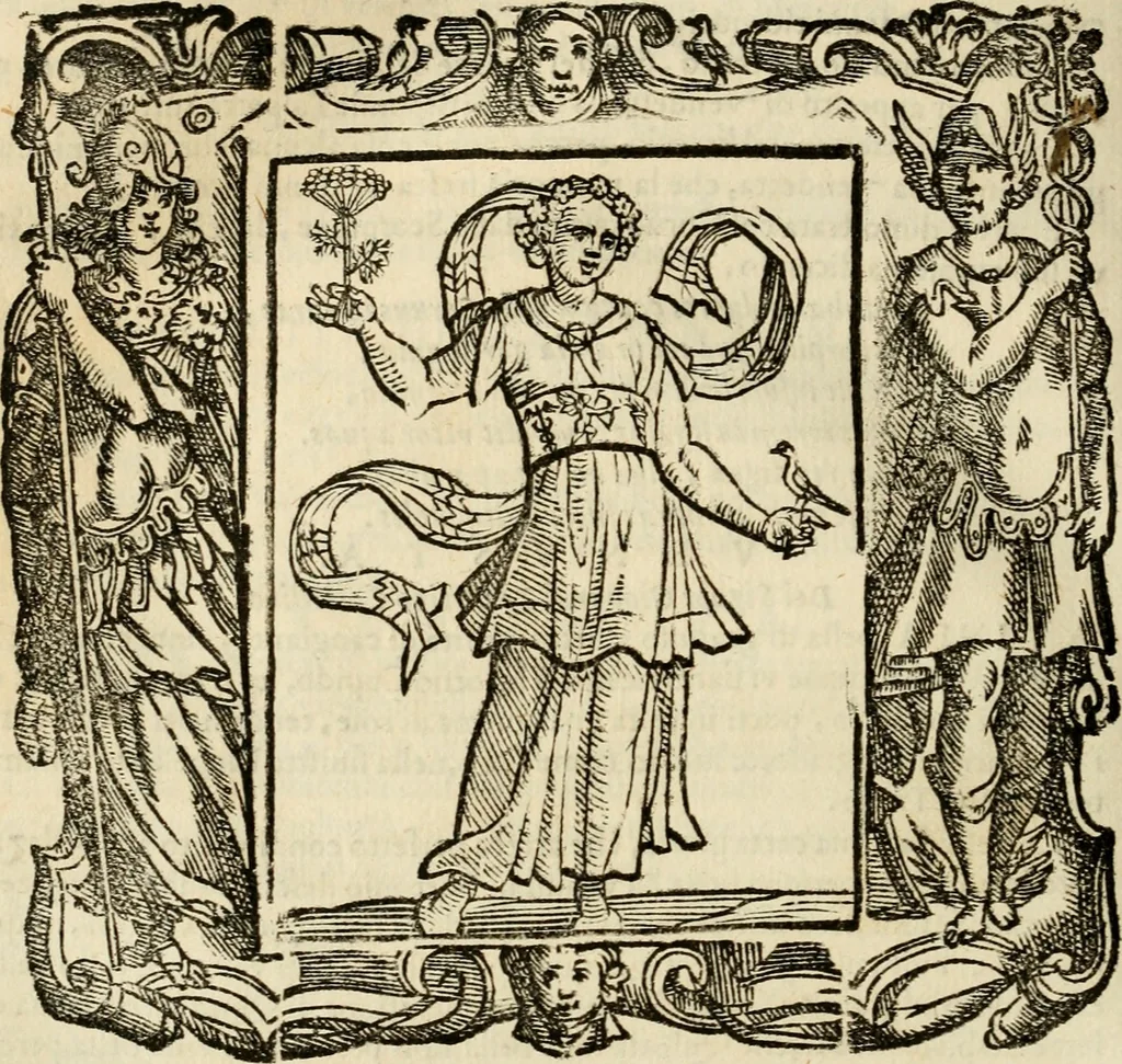 An illustration from Iconologia di Cesare Ripa perugino, cavre. de sti. Mauritio, e Lazzaro : nella quale si descriuono diuerse imagini di virtù, vitij, affetti, passioni humane, arti, discipline, humori, elementi, corpi celesti, prouincie d'Italia, fiumi, tutte le parti del mondo, ed altere infinite materie : opera vtile ad oratori, predicatori, poeti, pittori, scultori, disegnatori, e ad ogni studioso .., 1613, leaf 733
