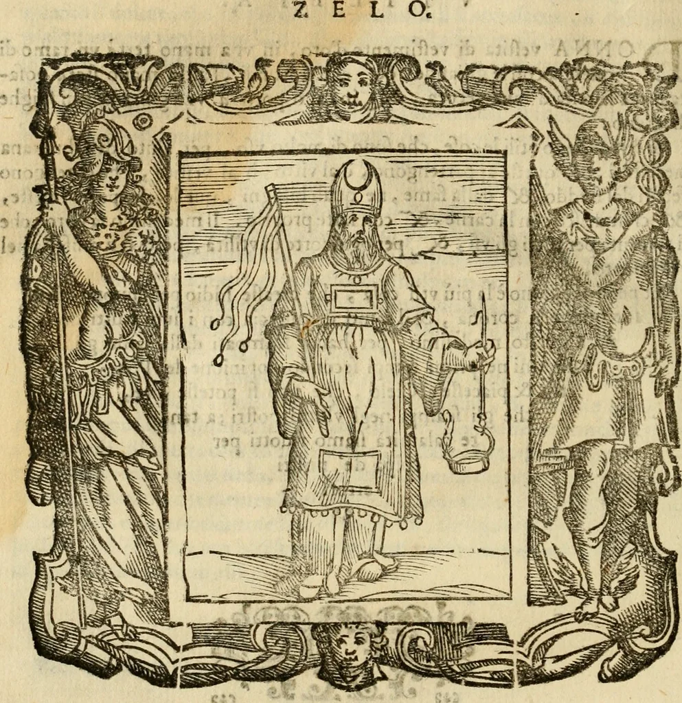 An illustration from Iconologia di Cesare Ripa perugino, cavre. de sti. Mauritio, e Lazzaro : nella quale si descriuono diuerse imagini di virtù, vitij, affetti, passioni humane, arti, discipline, humori, elementi, corpi celesti, prouincie d'Italia, fiumi, tutte le parti del mondo, ed altere infinite materie : opera vtile ad oratori, predicatori, poeti, pittori, scultori, disegnatori, e ad ogni studioso .., 1613, leaf 785