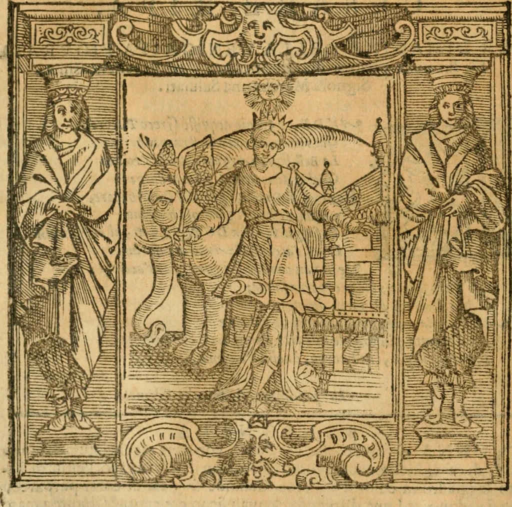 An illustration from Iconologia di Cesare Ripa perugino, cavre. de sti. Mauritio, e Lazzaro : nella quale si descriuono diuerse imagini di virtù, vitij, affetti, passioni humane, arti, discipline, humori, elementi, corpi celesti, prouincie d'Italia, fiumi, tutte le parti del mondo, ed altere infinite materie : opera vtile ad oratori, predicatori, poeti, pittori, scultori, disegnatori, e ad ogni studioso .., 1613, leaf 91