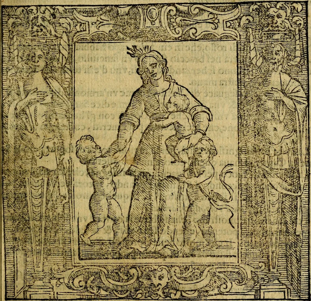 An illustration from Iconologia di Cesare Ripa Perugina ... Nella quale si descrivono diverse imagini di virtù, vitij, affetti, passioni humane, arti discipline, humori, elementi, corpi celesti, prouincie d'Italia, fiumi, tutte le parti del mondo, ed altre infinite materie. Opera utile ad oratori, predicatori, poeti pittori, sculptori, disegnatori, e ad ogni studioso, per inuentar concetti, emblemi, ed imprese, per diuisare qualsiuoglia appatato nuttiale, funerale, trionfale. Per rappresentar poemi drammatici, e per figurare co'suoi propij simboli ciò, che può cadere in pensiero humano. Ampliata ultimamente dallo stresso autore di CC. imagini, e erricchita di molti discorsi pieni di varia eruditione .., 1613, leaf 114