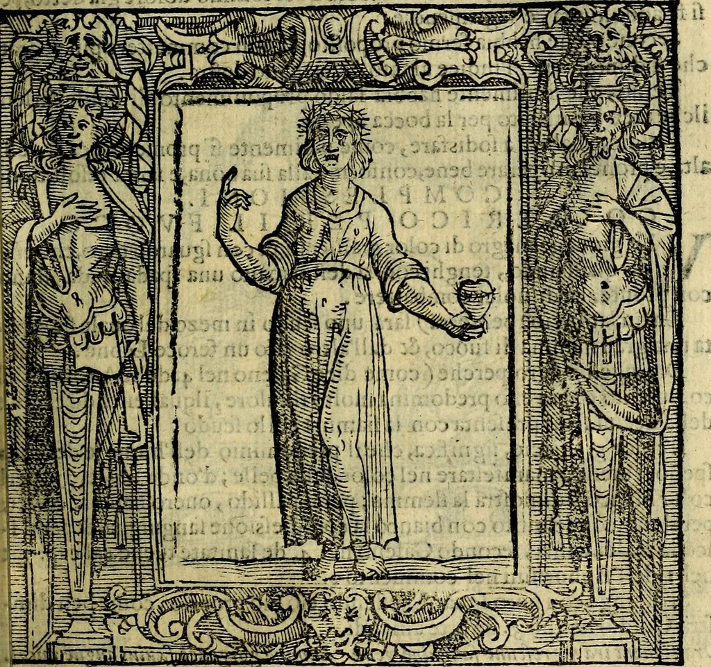 An illustration from Iconologia di Cesare Ripa Perugina ... Nella quale si descrivono diverse imagini di virtù, vitij, affetti, passioni humane, arti discipline, humori, elementi, corpi celesti, prouincie d'Italia, fiumi, tutte le parti del mondo, ed altre infinite materie. Opera utile ad oratori, predicatori, poeti pittori, sculptori, disegnatori, e ad ogni studioso, per inuentar concetti, emblemi, ed imprese, per diuisare qualsiuoglia appatato nuttiale, funerale, trionfale. Per rappresentar poemi drammatici, e per figurare co'suoi propij simboli ciò, che può cadere in pensiero humano. Ampliata ultimamente dallo stresso autore di CC. imagini, e erricchita di molti discorsi pieni di varia eruditione .., 1613, leaf 128