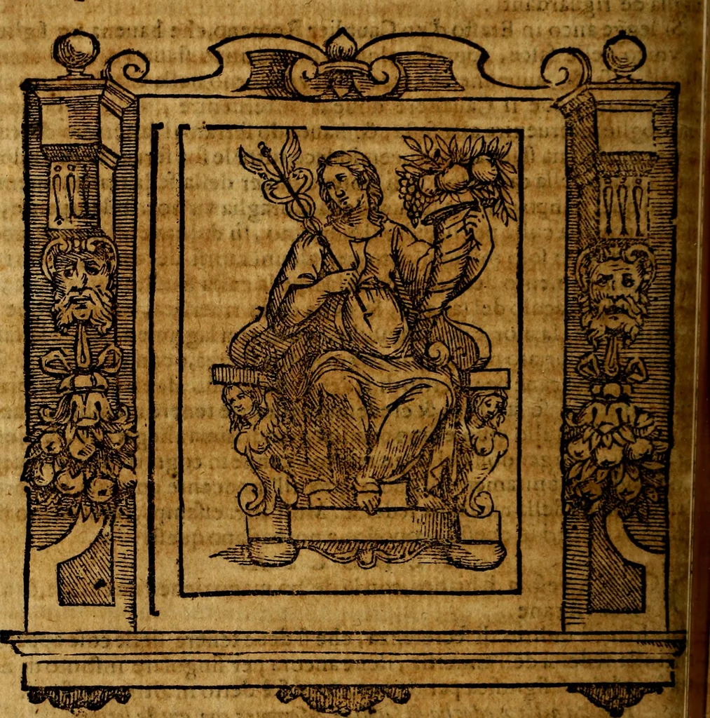 An illustration from Iconologia di Cesare Ripa Perugina ... Nella quale si descrivono diverse imagini di virtù, vitij, affetti, passioni humane, arti discipline, humori, elementi, corpi celesti, prouincie d'Italia, fiumi, tutte le parti del mondo, ed altre infinite materie. Opera utile ad oratori, predicatori, poeti pittori, sculptori, disegnatori, e ad ogni studioso, per inuentar concetti, emblemi, ed imprese, per diuisare qualsiuoglia appatato nuttiale, funerale, trionfale. Per rappresentar poemi drammatici, e per figurare co'suoi propij simboli ciò, che può cadere in pensiero humano. Ampliata ultimamente dallo stresso autore di CC. imagini, e erricchita di molti discorsi pieni di varia eruditione .., 1613, leaf 251