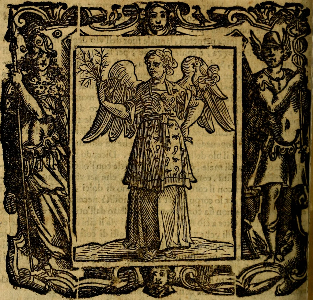 An illustration from Iconologia di Cesare Ripa Perugina ... Nella quale si descrivono diverse imagini di virtù, vitij, affetti, passioni humane, arti discipline, humori, elementi, corpi celesti, prouincie d'Italia, fiumi, tutte le parti del mondo, ed altre infinite materie. Opera utile ad oratori, predicatori, poeti pittori, sculptori, disegnatori, e ad ogni studioso, per inuentar concetti, emblemi, ed imprese, per diuisare qualsiuoglia appatato nuttiale, funerale, trionfale. Per rappresentar poemi drammatici, e per figurare co'suoi propij simboli ciò, che può cadere in pensiero humano. Ampliata ultimamente dallo stresso autore di CC. imagini, e erricchita di molti discorsi pieni di varia eruditione .., 1613, leaf 301