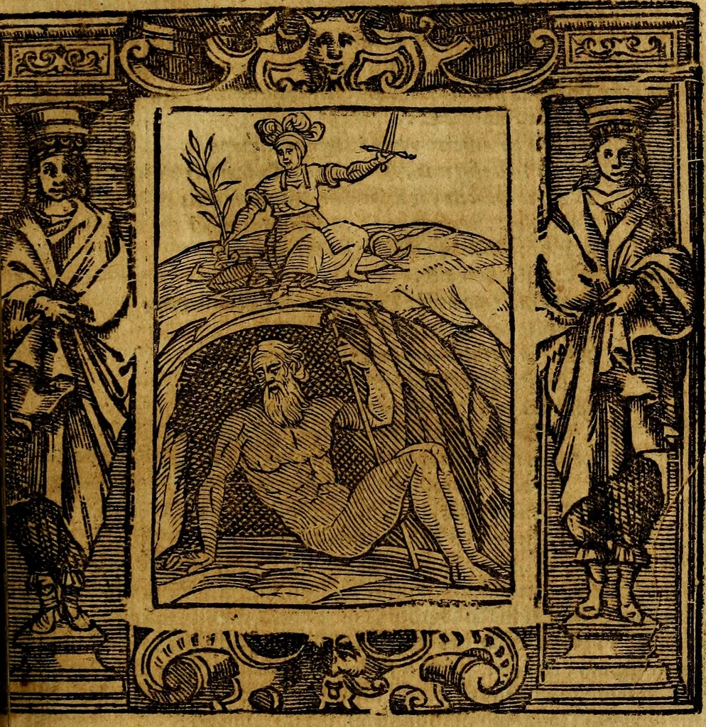 An illustration from Iconologia di Cesare Ripa Perugina ... Nella quale si descrivono diverse imagini di virtù, vitij, affetti, passioni humane, arti discipline, humori, elementi, corpi celesti, prouincie d'Italia, fiumi, tutte le parti del mondo, ed altre infinite materie. Opera utile ad oratori, predicatori, poeti pittori, sculptori, disegnatori, e ad ogni studioso, per inuentar concetti, emblemi, ed imprese, per diuisare qualsiuoglia appatato nuttiale, funerale, trionfale. Per rappresentar poemi drammatici, e per figurare co'suoi propij simboli ciò, che può cadere in pensiero humano. Ampliata ultimamente dallo stresso autore di CC. imagini, e erricchita di molti discorsi pieni di varia eruditione .., 1613, leaf 386
