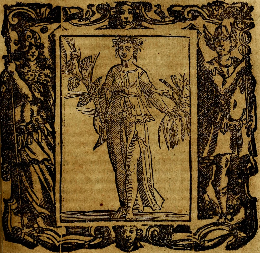 An illustration from Iconologia di Cesare Ripa Perugina ... Nella quale si descrivono diverse imagini di virtù, vitij, affetti, passioni humane, arti discipline, humori, elementi, corpi celesti, prouincie d'Italia, fiumi, tutte le parti del mondo, ed altre infinite materie. Opera utile ad oratori, predicatori, poeti pittori, sculptori, disegnatori, e ad ogni studioso, per inuentar concetti, emblemi, ed imprese, per diuisare qualsiuoglia appatato nuttiale, funerale, trionfale. Per rappresentar poemi drammatici, e per figurare co'suoi propij simboli ciò, che può cadere in pensiero humano. Ampliata ultimamente dallo stresso autore di CC. imagini, e erricchita di molti discorsi pieni di varia eruditione .., 1613, leaf 398