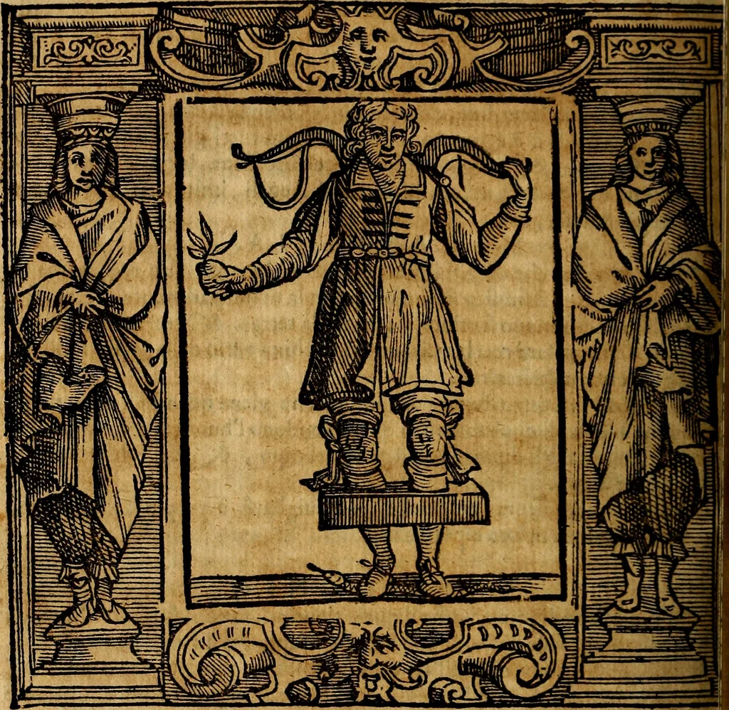 An illustration from Iconologia di Cesare Ripa Perugina ... Nella quale si descrivono diverse imagini di virtù, vitij, affetti, passioni humane, arti discipline, humori, elementi, corpi celesti, prouincie d'Italia, fiumi, tutte le parti del mondo, ed altre infinite materie. Opera utile ad oratori, predicatori, poeti pittori, sculptori, disegnatori, e ad ogni studioso, per inuentar concetti, emblemi, ed imprese, per diuisare qualsiuoglia appatato nuttiale, funerale, trionfale. Per rappresentar poemi drammatici, e per figurare co'suoi propij simboli ciò, che può cadere in pensiero humano. Ampliata ultimamente dallo stresso autore di CC. imagini, e erricchita di molti discorsi pieni di varia eruditione .., 1613, leaf 437