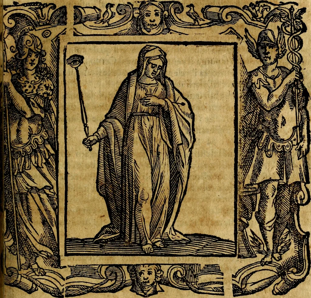 An illustration from Iconologia di Cesare Ripa Perugina ... Nella quale si descrivono diverse imagini di virtù, vitij, affetti, passioni humane, arti discipline, humori, elementi, corpi celesti, prouincie d'Italia, fiumi, tutte le parti del mondo, ed altre infinite materie. Opera utile ad oratori, predicatori, poeti pittori, sculptori, disegnatori, e ad ogni studioso, per inuentar concetti, emblemi, ed imprese, per diuisare qualsiuoglia appatato nuttiale, funerale, trionfale. Per rappresentar poemi drammatici, e per figurare co'suoi propij simboli ciò, che può cadere in pensiero humano. Ampliata ultimamente dallo stresso autore di CC. imagini, e erricchita di molti discorsi pieni di varia eruditione .., 1613, leaf 442