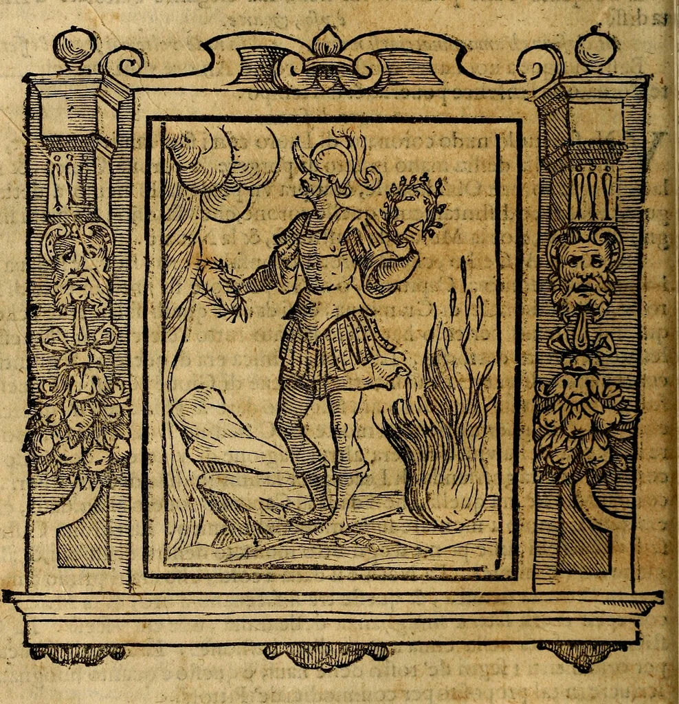 An illustration from Iconologia di Cesare Ripa Perugina ... Nella quale si descrivono diverse imagini di virtù, vitij, affetti, passioni humane, arti discipline, humori, elementi, corpi celesti, prouincie d'Italia, fiumi, tutte le parti del mondo, ed altre infinite materie. Opera utile ad oratori, predicatori, poeti pittori, sculptori, disegnatori, e ad ogni studioso, per inuentar concetti, emblemi, ed imprese, per diuisare qualsiuoglia appatato nuttiale, funerale, trionfale. Per rappresentar poemi drammatici, e per figurare co'suoi propij simboli ciò, che può cadere in pensiero humano. Ampliata ultimamente dallo stresso autore di CC. imagini, e erricchita di molti discorsi pieni di varia eruditione .., 1613, leaf 51