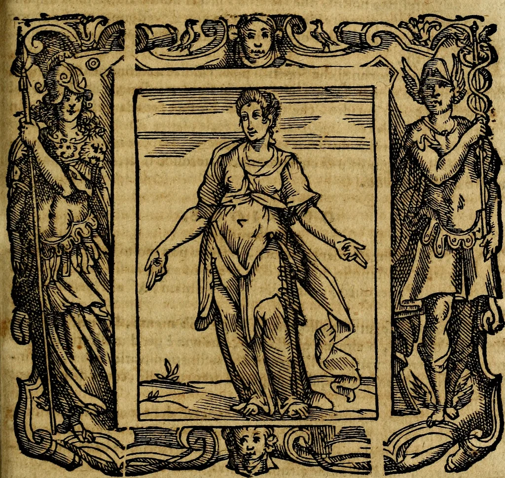 An illustration from Iconologia di Cesare Ripa Perugina ... Nella quale si descrivono diverse imagini di virtù, vitij, affetti, passioni humane, arti discipline, humori, elementi, corpi celesti, prouincie d'Italia, fiumi, tutte le parti del mondo, ed altre infinite materie. Opera utile ad oratori, predicatori, poeti pittori, sculptori, disegnatori, e ad ogni studioso, per inuentar concetti, emblemi, ed imprese, per diuisare qualsiuoglia appatato nuttiale, funerale, trionfale. Per rappresentar poemi drammatici, e per figurare co'suoi propij simboli ciò, che può cadere in pensiero humano. Ampliata ultimamente dallo stresso autore di CC. imagini, e erricchita di molti discorsi pieni di varia eruditione .., 1613, leaf 522