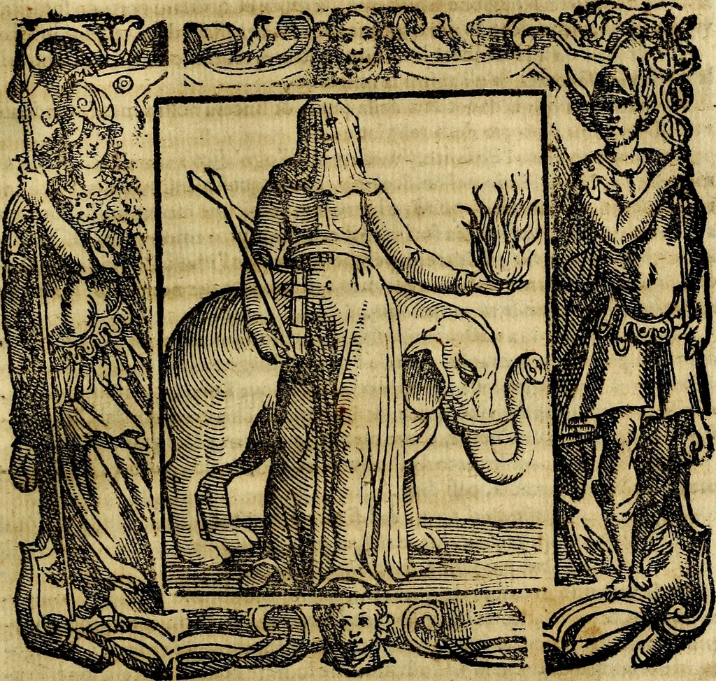 An illustration from Iconologia di Cesare Ripa Perugina ... Nella quale si descrivono diverse imagini di virtù, vitij, affetti, passioni humane, arti discipline, humori, elementi, corpi celesti, prouincie d'Italia, fiumi, tutte le parti del mondo, ed altre infinite materie. Opera utile ad oratori, predicatori, poeti pittori, sculptori, disegnatori, e ad ogni studioso, per inuentar concetti, emblemi, ed imprese, per diuisare qualsiuoglia appatato nuttiale, funerale, trionfale. Per rappresentar poemi drammatici, e per figurare co'suoi propij simboli ciò, che può cadere in pensiero humano. Ampliata ultimamente dallo stresso autore di CC. imagini, e erricchita di molti discorsi pieni di varia eruditione .., 1613, leaf 602