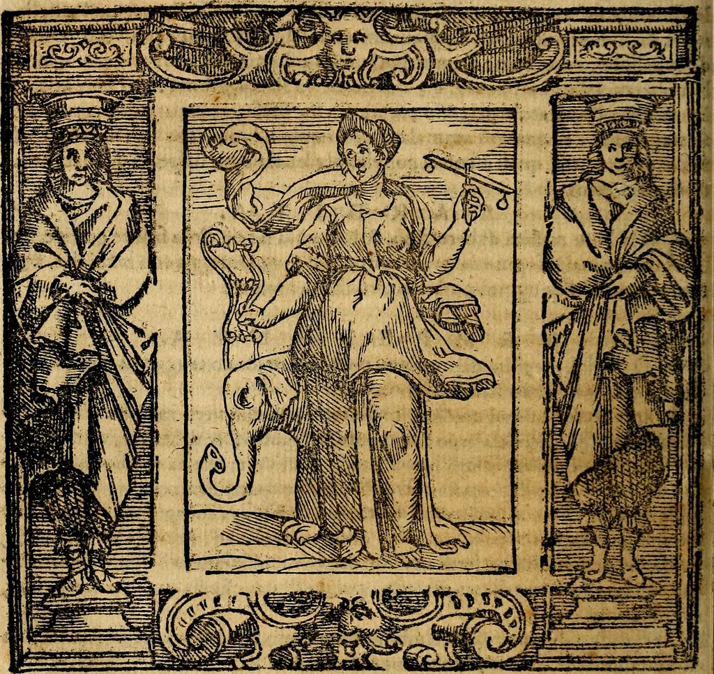 An illustration from Iconologia di Cesare Ripa Perugina ... Nella quale si descrivono diverse imagini di virtù, vitij, affetti, passioni humane, arti discipline, humori, elementi, corpi celesti, prouincie d'Italia, fiumi, tutte le parti del mondo, ed altre infinite materie. Opera utile ad oratori, predicatori, poeti pittori, sculptori, disegnatori, e ad ogni studioso, per inuentar concetti, emblemi, ed imprese, per diuisare qualsiuoglia appatato nuttiale, funerale, trionfale. Per rappresentar poemi drammatici, e per figurare co'suoi propij simboli ciò, che può cadere in pensiero humano. Ampliata ultimamente dallo stresso autore di CC. imagini, e erricchita di molti discorsi pieni di varia eruditione .., 1613, leaf 711