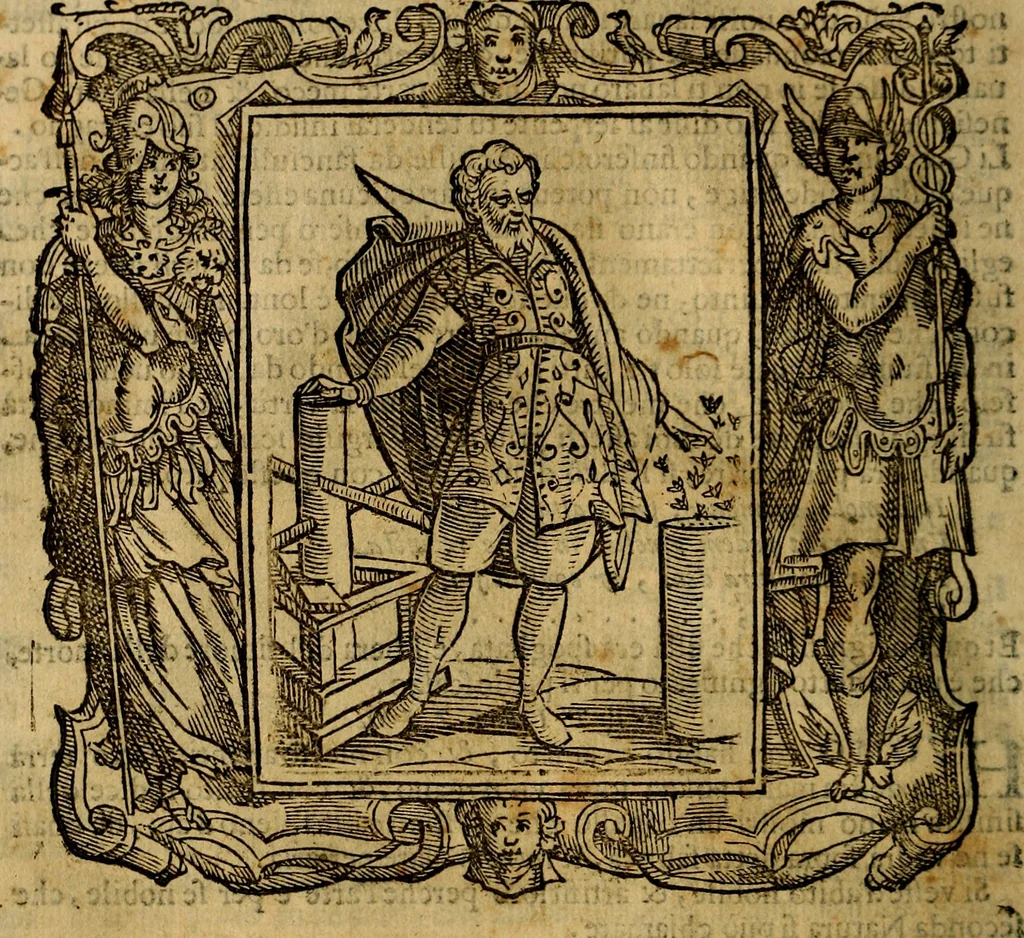An illustration from Iconologia di Cesare Ripa Perugina ... Nella quale si descrivono diverse imagini di virtù, vitij, affetti, passioni humane, arti discipline, humori, elementi, corpi celesti, prouincie d'Italia, fiumi, tutte le parti del mondo, ed altre infinite materie. Opera utile ad oratori, predicatori, poeti pittori, sculptori, disegnatori, e ad ogni studioso, per inuentar concetti, emblemi, ed imprese, per diuisare qualsiuoglia appatato nuttiale, funerale, trionfale. Per rappresentar poemi drammatici, e per figurare co'suoi propij simboli ciò, che può cadere in pensiero humano. Ampliata ultimamente dallo stresso autore di CC. imagini, e erricchita di molti discorsi pieni di varia eruditione .., 1613, leaf 107