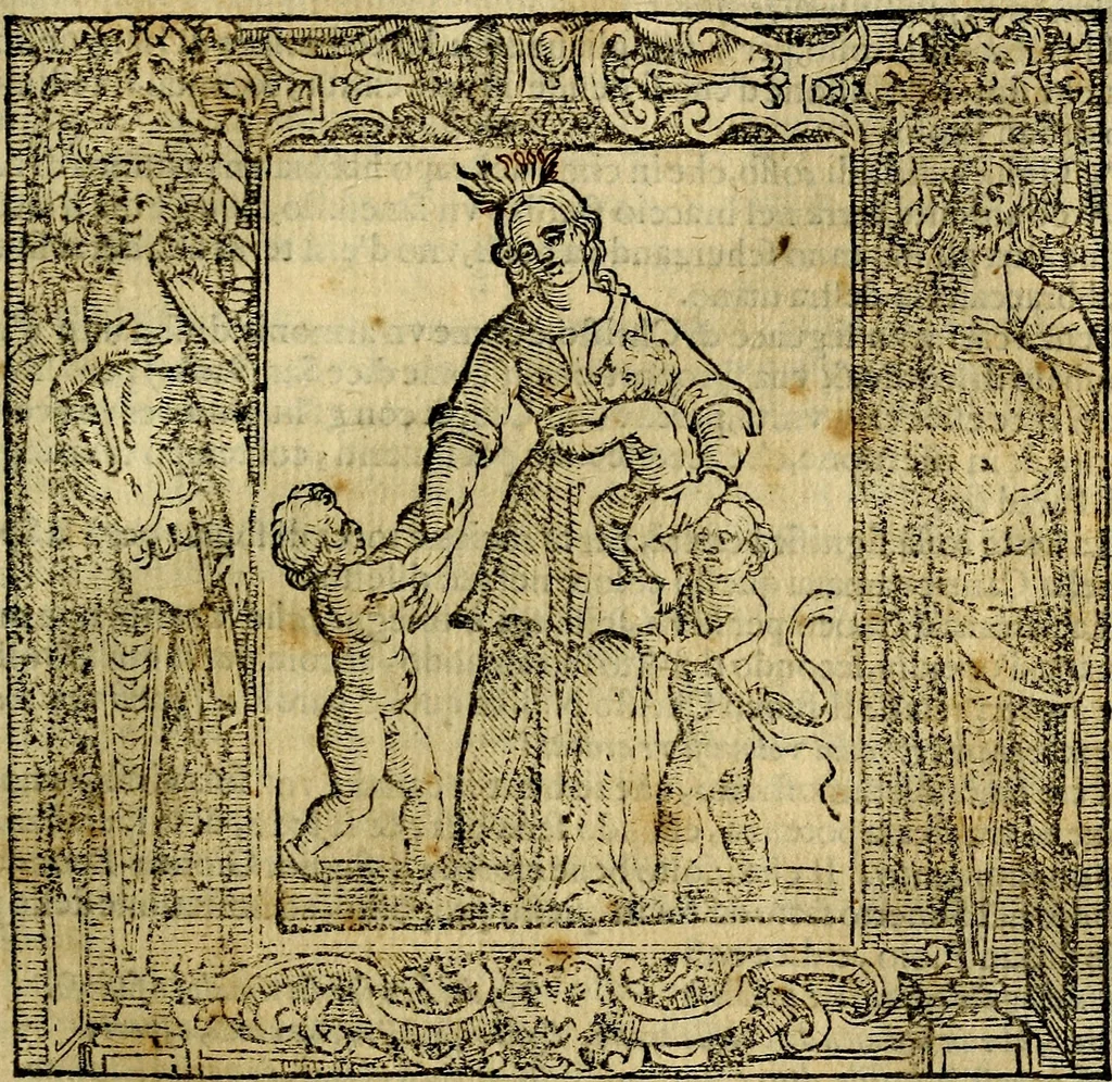 An illustration from Iconologia di Cesare Ripa Perugina ... Nella quale si descrivono diverse imagini di virtù, vitij, affetti, passioni humane, arti discipline, humori, elementi, corpi celesti, prouincie d'Italia, fiumi, tutte le parti del mondo, ed altre infinite materie. Opera utile ad oratori, predicatori, poeti pittori, sculptori, disegnatori, e ad ogni studioso, per inuentar concetti, emblemi, ed imprese, per diuisare qualsiuoglia appatato nuttiale, funerale, trionfale. Per rappresentar poemi drammatici, e per figurare co'suoi propij simboli ciò, che può cadere in pensiero humano. Ampliata ultimamente dallo stresso autore di CC. imagini, e erricchita di molti discorsi pieni di varia eruditione .., 1613, leaf 158