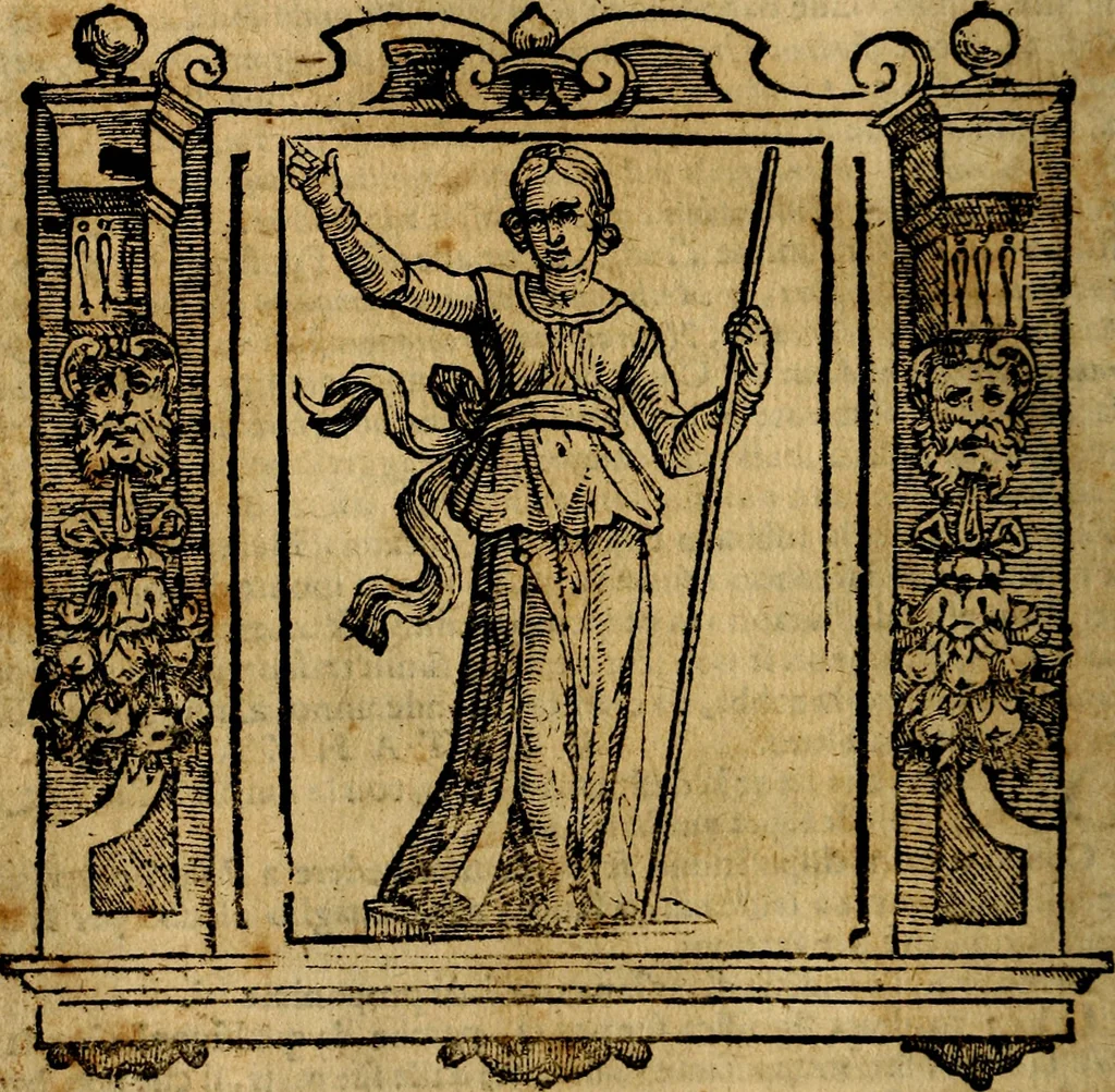An illustration from Iconologia di Cesare Ripa Perugina ... Nella quale si descrivono diverse imagini di virtù, vitij, affetti, passioni humane, arti discipline, humori, elementi, corpi celesti, prouincie d'Italia, fiumi, tutte le parti del mondo, ed altre infinite materie. Opera utile ad oratori, predicatori, poeti pittori, sculptori, disegnatori, e ad ogni studioso, per inuentar concetti, emblemi, ed imprese, per diuisare qualsiuoglia appatato nuttiale, funerale, trionfale. Per rappresentar poemi drammatici, e per figurare co'suoi propij simboli ciò, che può cadere in pensiero humano. Ampliata ultimamente dallo stresso autore di CC. imagini, e erricchita di molti discorsi pieni di varia eruditione .., 1613, leaf 197