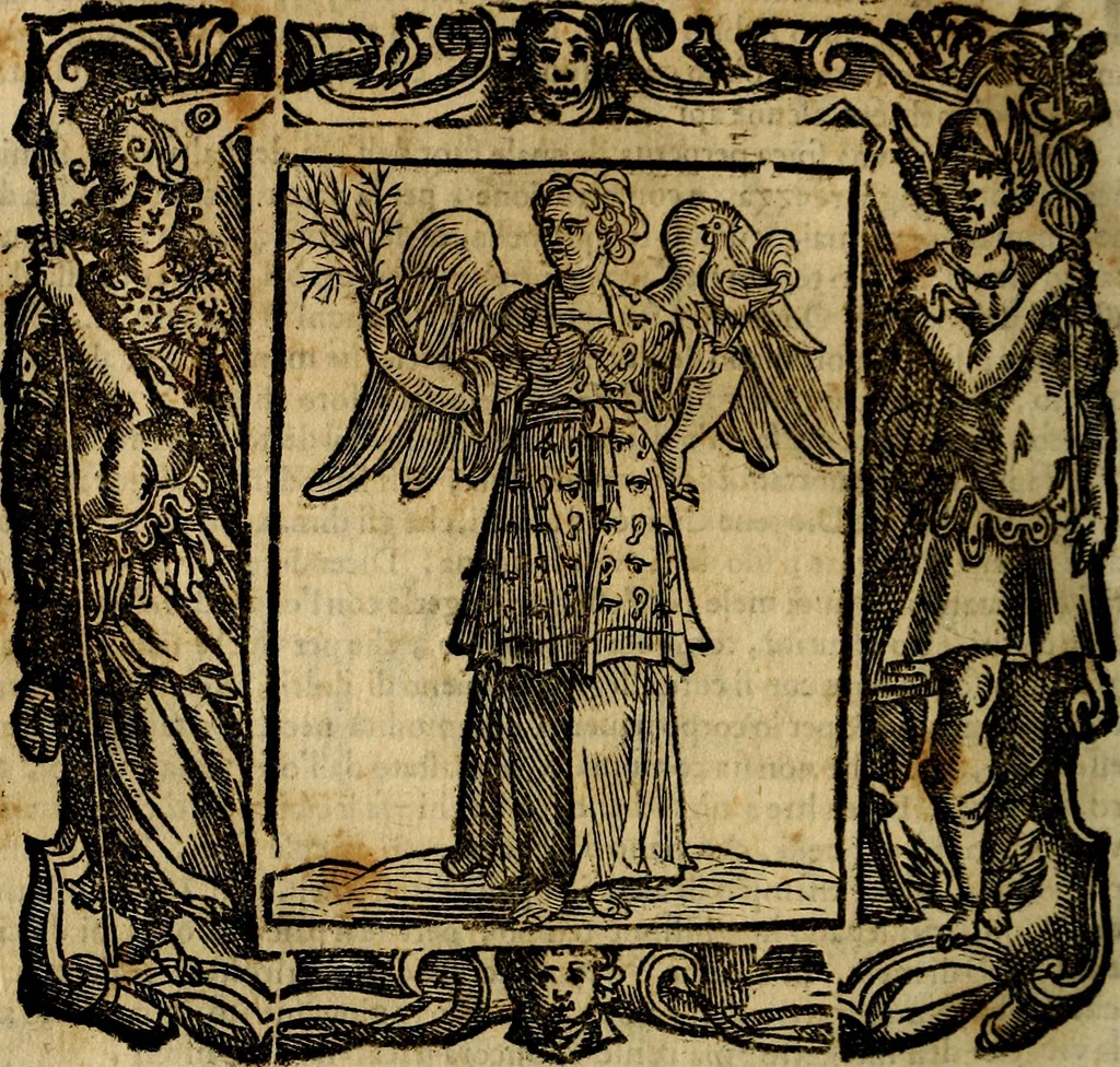 An illustration from Iconologia di Cesare Ripa Perugina ... Nella quale si descrivono diverse imagini di virtù, vitij, affetti, passioni humane, arti discipline, humori, elementi, corpi celesti, prouincie d'Italia, fiumi, tutte le parti del mondo, ed altre infinite materie. Opera utile ad oratori, predicatori, poeti pittori, sculptori, disegnatori, e ad ogni studioso, per inuentar concetti, emblemi, ed imprese, per diuisare qualsiuoglia appatato nuttiale, funerale, trionfale. Per rappresentar poemi drammatici, e per figurare co'suoi propij simboli ciò, che può cadere in pensiero humano. Ampliata ultimamente dallo stresso autore di CC. imagini, e erricchita di molti discorsi pieni di varia eruditione .., 1613, leaf 345
