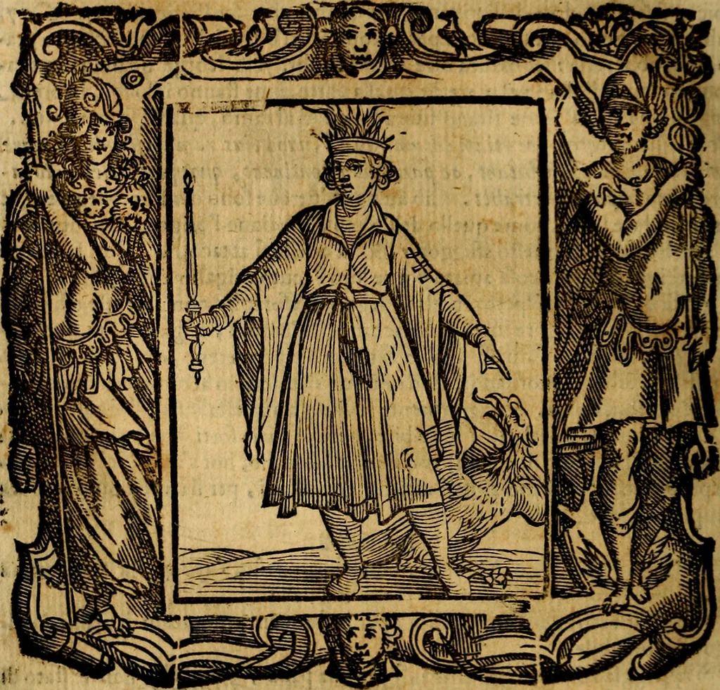 An illustration from Iconologia di Cesare Ripa Perugina ... Nella quale si descrivono diverse imagini di virtù, vitij, affetti, passioni humane, arti discipline, humori, elementi, corpi celesti, prouincie d'Italia, fiumi, tutte le parti del mondo, ed altre infinite materie. Opera utile ad oratori, predicatori, poeti pittori, sculptori, disegnatori, e ad ogni studioso, per inuentar concetti, emblemi, ed imprese, per diuisare qualsiuoglia appatato nuttiale, funerale, trionfale. Per rappresentar poemi drammatici, e per figurare co'suoi propij simboli ciò, che può cadere in pensiero humano. Ampliata ultimamente dallo stresso autore di CC. imagini, e erricchita di molti discorsi pieni di varia eruditione .., 1613, leaf 407
