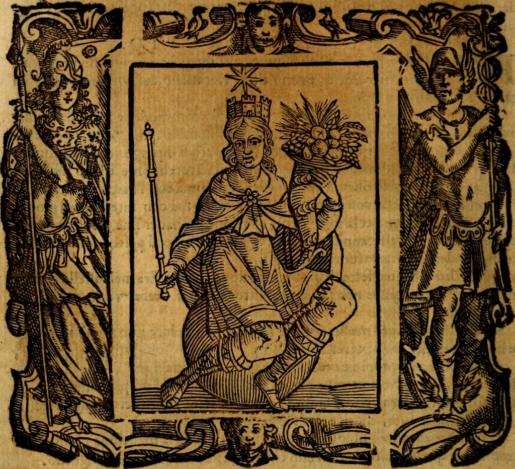 An illustration from Iconologia di Cesare Ripa Perugina ... Nella quale si descrivono diverse imagini di virtù, vitij, affetti, passioni humane, arti discipline, humori, elementi, corpi celesti, prouincie d'Italia, fiumi, tutte le parti del mondo, ed altre infinite materie. Opera utile ad oratori, predicatori, poeti pittori, sculptori, disegnatori, e ad ogni studioso, per inuentar concetti, emblemi, ed imprese, per diuisare qualsiuoglia appatato nuttiale, funerale, trionfale. Per rappresentar poemi drammatici, e per figurare co'suoi propij simboli ciò, che può cadere in pensiero humano. Ampliata ultimamente dallo stresso autore di CC. imagini, e erricchita di molti discorsi pieni di varia eruditione .., 1613, leaf 417
