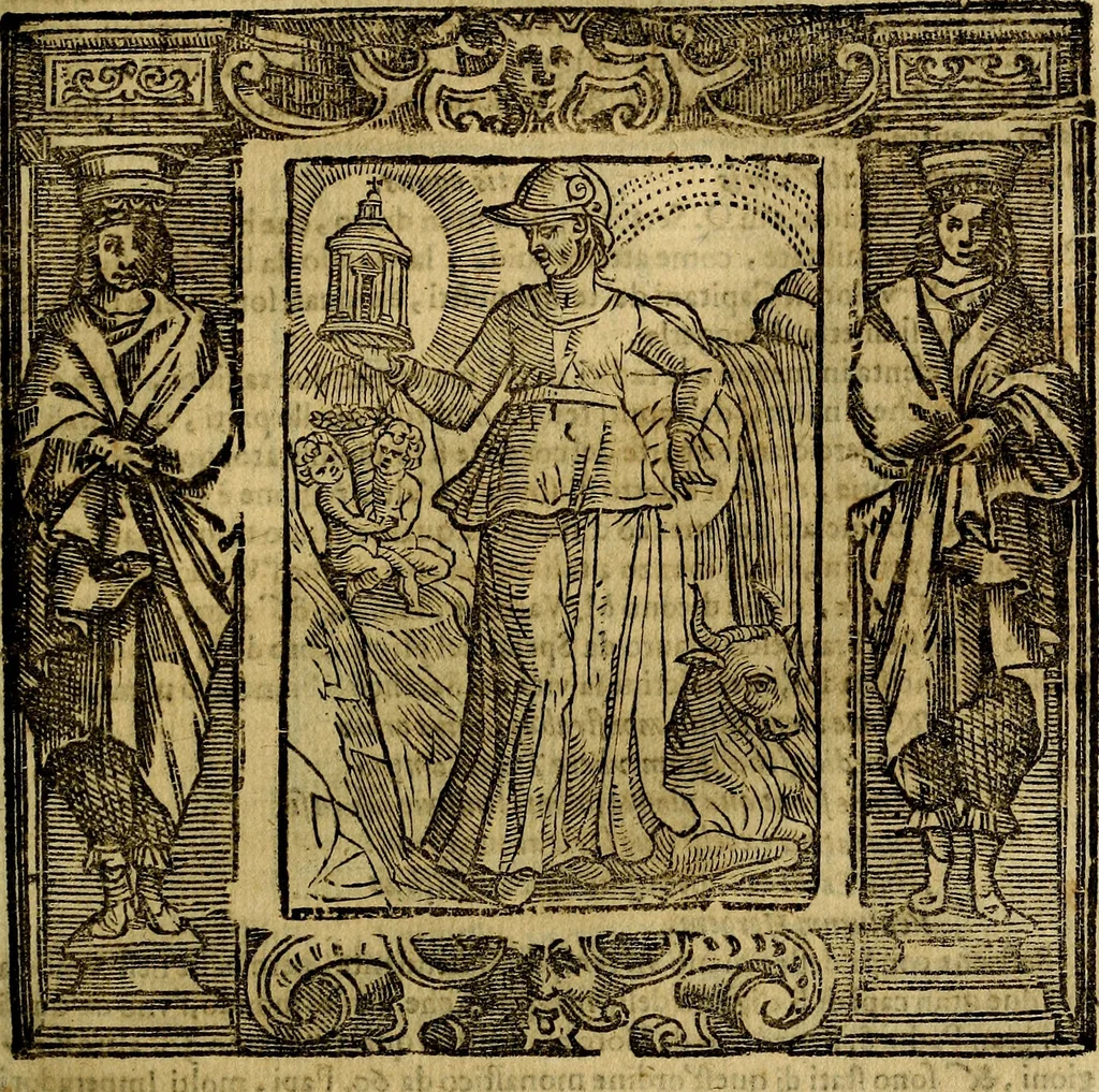 An illustration from Iconologia di Cesare Ripa Perugina ... Nella quale si descrivono diverse imagini di virtù, vitij, affetti, passioni humane, arti discipline, humori, elementi, corpi celesti, prouincie d'Italia, fiumi, tutte le parti del mondo, ed altre infinite materie. Opera utile ad oratori, predicatori, poeti pittori, sculptori, disegnatori, e ad ogni studioso, per inuentar concetti, emblemi, ed imprese, per diuisare qualsiuoglia appatato nuttiale, funerale, trionfale. Per rappresentar poemi drammatici, e per figurare co'suoi propij simboli ciò, che può cadere in pensiero humano. Ampliata ultimamente dallo stresso autore di CC. imagini, e erricchita di molti discorsi pieni di varia eruditione .., 1613, leaf 426