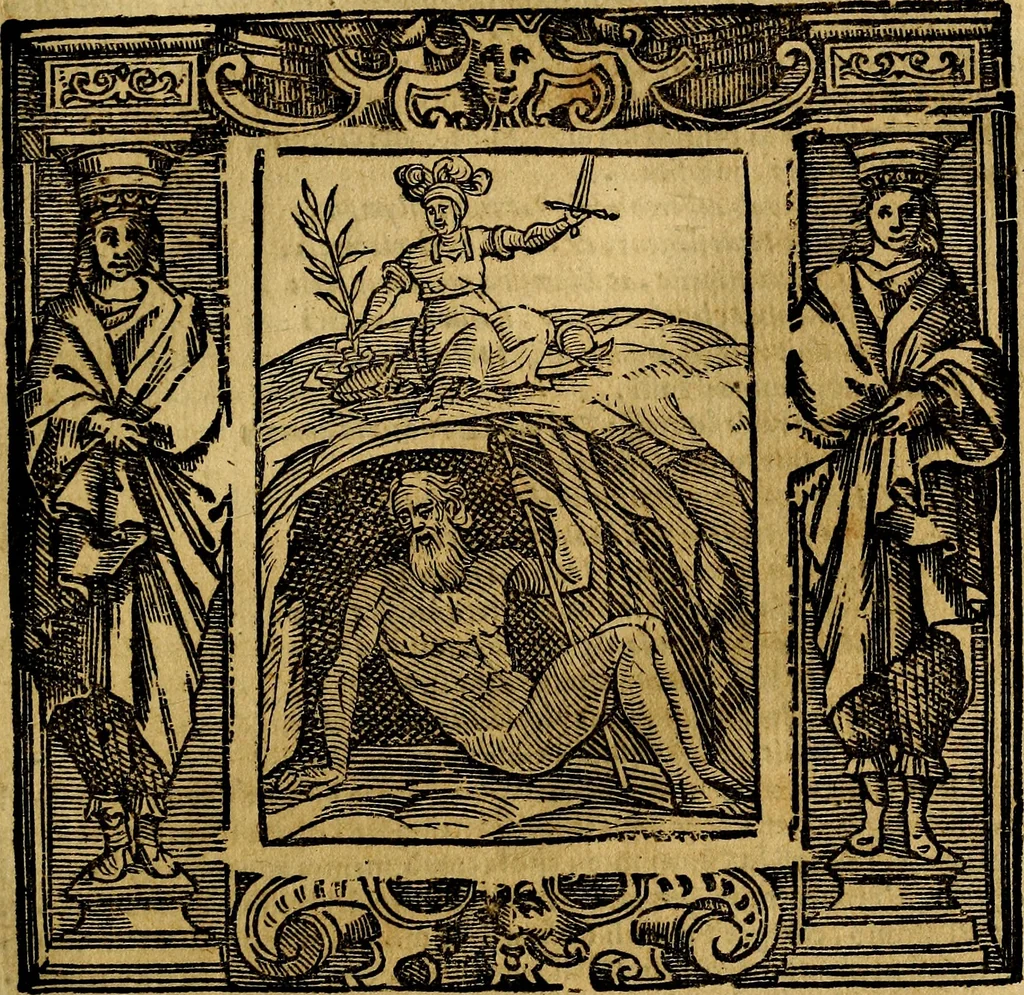 An illustration from Iconologia di Cesare Ripa Perugina ... Nella quale si descrivono diverse imagini di virtù, vitij, affetti, passioni humane, arti discipline, humori, elementi, corpi celesti, prouincie d'Italia, fiumi, tutte le parti del mondo, ed altre infinite materie. Opera utile ad oratori, predicatori, poeti pittori, sculptori, disegnatori, e ad ogni studioso, per inuentar concetti, emblemi, ed imprese, per diuisare qualsiuoglia appatato nuttiale, funerale, trionfale. Per rappresentar poemi drammatici, e per figurare co'suoi propij simboli ciò, che può cadere in pensiero humano. Ampliata ultimamente dallo stresso autore di CC. imagini, e erricchita di molti discorsi pieni di varia eruditione .., 1613, leaf 430
