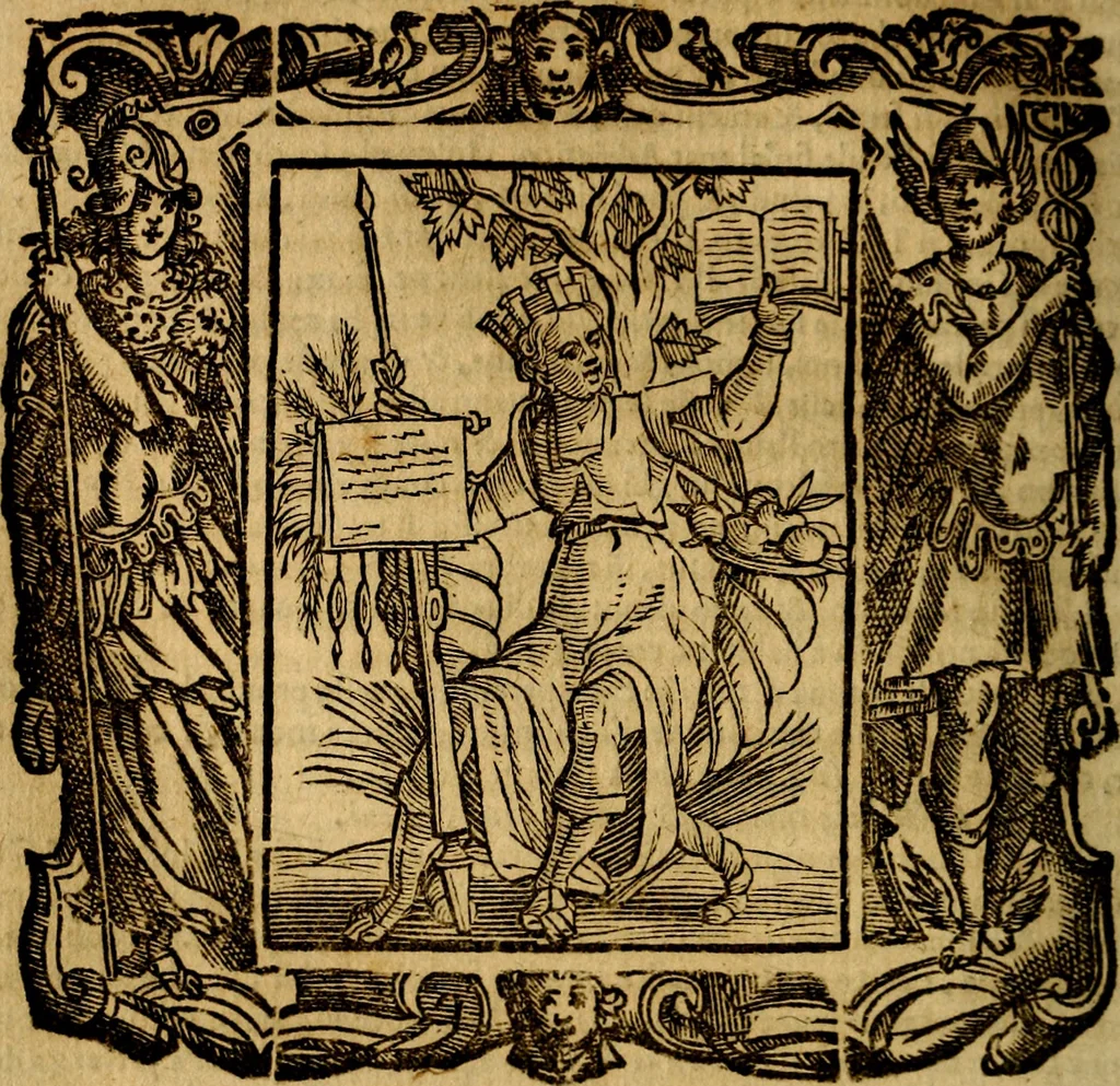An illustration from Iconologia di Cesare Ripa Perugina ... Nella quale si descrivono diverse imagini di virtù, vitij, affetti, passioni humane, arti discipline, humori, elementi, corpi celesti, prouincie d'Italia, fiumi, tutte le parti del mondo, ed altre infinite materie. Opera utile ad oratori, predicatori, poeti pittori, sculptori, disegnatori, e ad ogni studioso, per inuentar concetti, emblemi, ed imprese, per diuisare qualsiuoglia appatato nuttiale, funerale, trionfale. Per rappresentar poemi drammatici, e per figurare co'suoi propij simboli ciò, che può cadere in pensiero humano. Ampliata ultimamente dallo stresso autore di CC. imagini, e erricchita di molti discorsi pieni di varia eruditione .., 1613, leaf 451