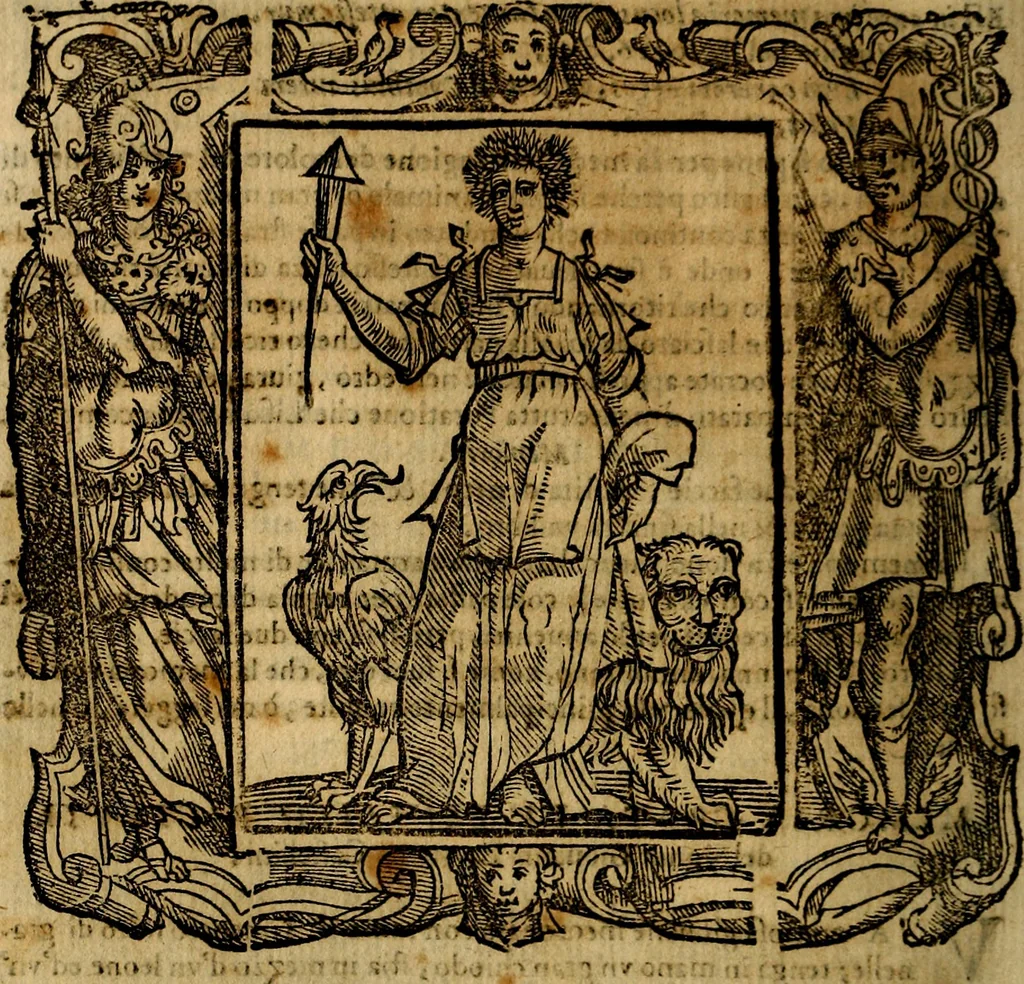 An illustration from Iconologia di Cesare Ripa Perugina ... Nella quale si descrivono diverse imagini di virtù, vitij, affetti, passioni humane, arti discipline, humori, elementi, corpi celesti, prouincie d'Italia, fiumi, tutte le parti del mondo, ed altre infinite materie. Opera utile ad oratori, predicatori, poeti pittori, sculptori, disegnatori, e ad ogni studioso, per inuentar concetti, emblemi, ed imprese, per diuisare qualsiuoglia appatato nuttiale, funerale, trionfale. Per rappresentar poemi drammatici, e per figurare co'suoi propij simboli ciò, che può cadere in pensiero humano. Ampliata ultimamente dallo stresso autore di CC. imagini, e erricchita di molti discorsi pieni di varia eruditione .., 1613, leaf 489