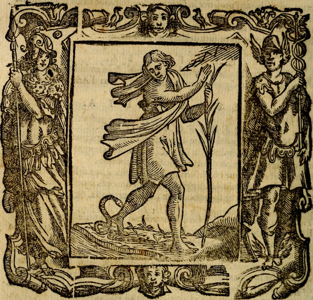 An illustration from Iconologia di Cesare Ripa Perugina ... Nella quale si descrivono diverse imagini di virtù, vitij, affetti, passioni humane, arti discipline, humori, elementi, corpi celesti, prouincie d'Italia, fiumi, tutte le parti del mondo, ed altre infinite materie. Opera utile ad oratori, predicatori, poeti pittori, sculptori, disegnatori, e ad ogni studioso, per inuentar concetti, emblemi, ed imprese, per diuisare qualsiuoglia appatato nuttiale, funerale, trionfale. Per rappresentar poemi drammatici, e per figurare co'suoi propij simboli ciò, che può cadere in pensiero humano. Ampliata ultimamente dallo stresso autore di CC. imagini, e erricchita di molti discorsi pieni di varia eruditione .., 1613, leaf 601