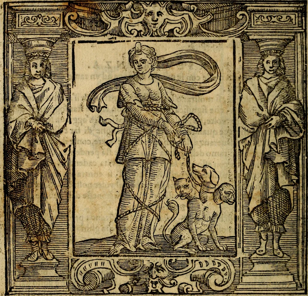 An illustration from Iconologia di Cesare Ripa Perugina ... Nella quale si descrivono diverse imagini di virtù, vitij, affetti, passioni humane, arti discipline, humori, elementi, corpi celesti, prouincie d'Italia, fiumi, tutte le parti del mondo, ed altre infinite materie. Opera utile ad oratori, predicatori, poeti pittori, sculptori, disegnatori, e ad ogni studioso, per inuentar concetti, emblemi, ed imprese, per diuisare qualsiuoglia appatato nuttiale, funerale, trionfale. Per rappresentar poemi drammatici, e per figurare co'suoi propij simboli ciò, che può cadere in pensiero humano. Ampliata ultimamente dallo stresso autore di CC. imagini, e erricchita di molti discorsi pieni di varia eruditione .., 1613, leaf 603