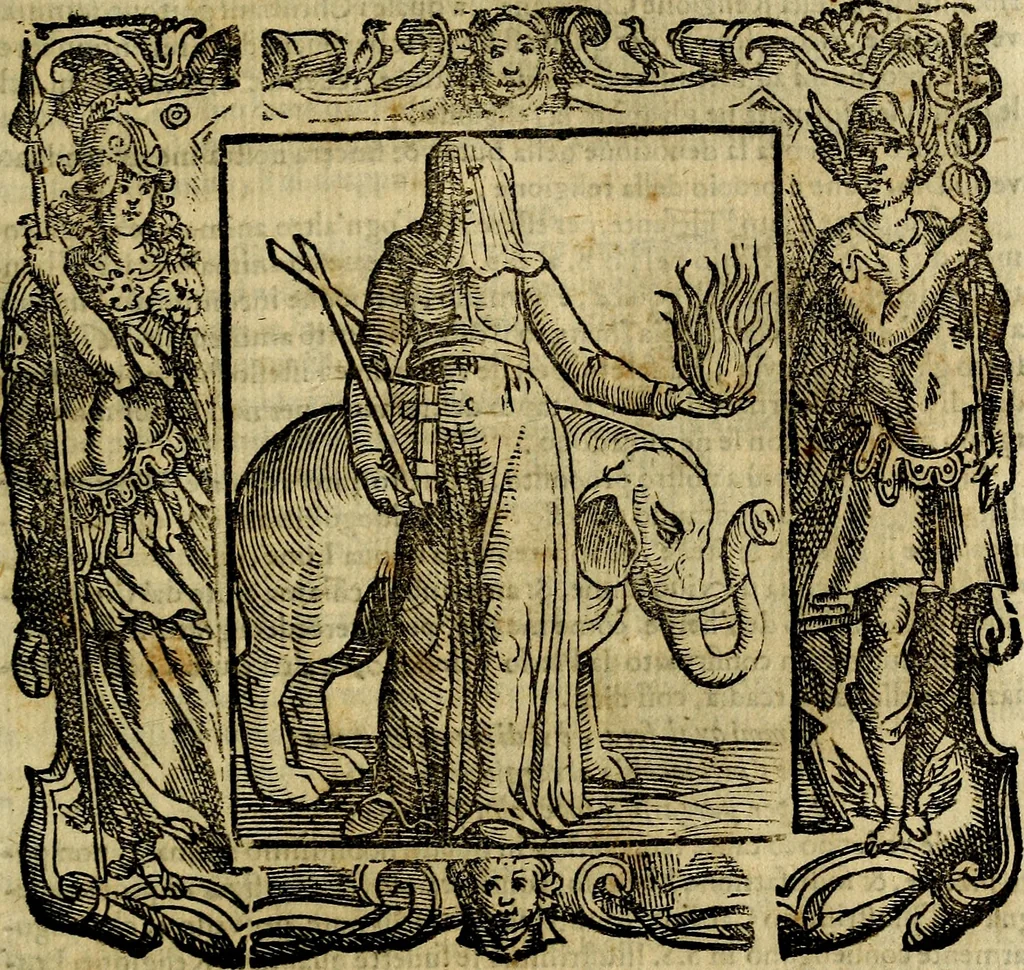 An illustration from Iconologia di Cesare Ripa Perugina ... Nella quale si descrivono diverse imagini di virtù, vitij, affetti, passioni humane, arti discipline, humori, elementi, corpi celesti, prouincie d'Italia, fiumi, tutte le parti del mondo, ed altre infinite materie. Opera utile ad oratori, predicatori, poeti pittori, sculptori, disegnatori, e ad ogni studioso, per inuentar concetti, emblemi, ed imprese, per diuisare qualsiuoglia appatato nuttiale, funerale, trionfale. Per rappresentar poemi drammatici, e per figurare co'suoi propij simboli ciò, che può cadere in pensiero humano. Ampliata ultimamente dallo stresso autore di CC. imagini, e erricchita di molti discorsi pieni di varia eruditione .., 1613, leaf 646