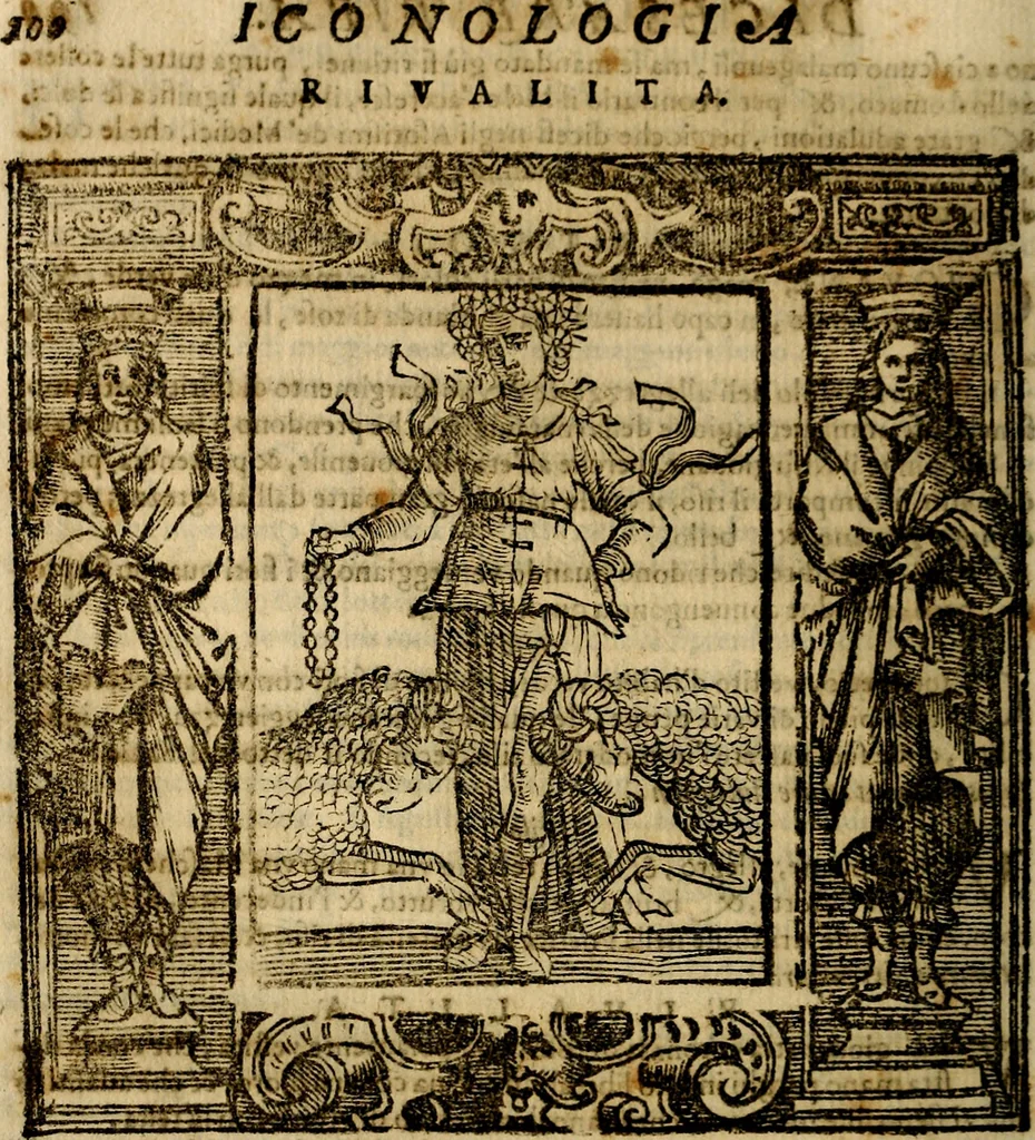 An illustration from Iconologia di Cesare Ripa Perugina ... Nella quale si descrivono diverse imagini di virtù, vitij, affetti, passioni humane, arti discipline, humori, elementi, corpi celesti, prouincie d'Italia, fiumi, tutte le parti del mondo, ed altre infinite materie. Opera utile ad oratori, predicatori, poeti pittori, sculptori, disegnatori, e ad ogni studioso, per inuentar concetti, emblemi, ed imprese, per diuisare qualsiuoglia appatato nuttiale, funerale, trionfale. Per rappresentar poemi drammatici, e per figurare co'suoi propij simboli ciò, che può cadere in pensiero humano. Ampliata ultimamente dallo stresso autore di CC. imagini, e erricchita di molti discorsi pieni di varia eruditione .., 1613, leaf 659