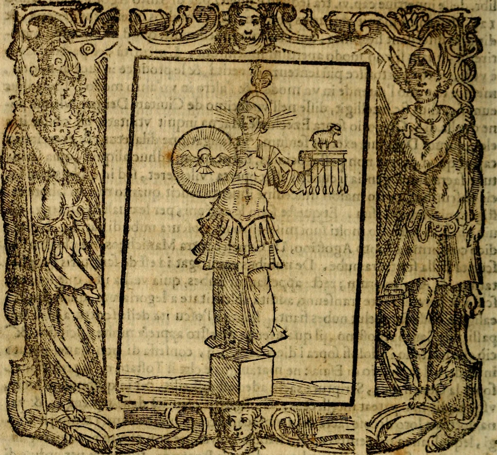 An illustration from Iconologia di Cesare Ripa Perugina ... Nella quale si descrivono diverse imagini di virtù, vitij, affetti, passioni humane, arti discipline, humori, elementi, corpi celesti, prouincie d'Italia, fiumi, tutte le parti del mondo, ed altre infinite materie. Opera utile ad oratori, predicatori, poeti pittori, sculptori, disegnatori, e ad ogni studioso, per inuentar concetti, emblemi, ed imprese, per diuisare qualsiuoglia appatato nuttiale, funerale, trionfale. Per rappresentar poemi drammatici, e per figurare co'suoi propij simboli ciò, che può cadere in pensiero humano. Ampliata ultimamente dallo stresso autore di CC. imagini, e erricchita di molti discorsi pieni di varia eruditione .., 1613, leaf 671