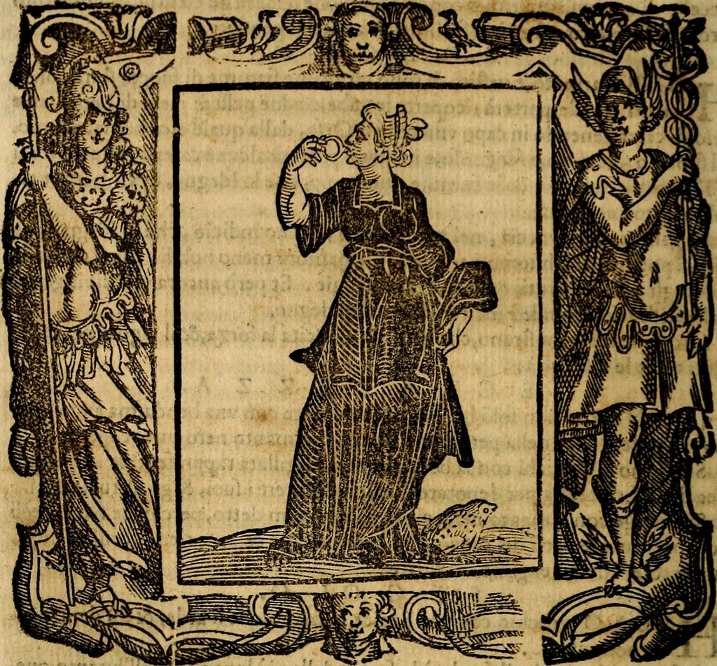 An illustration from Iconologia di Cesare Ripa Perugina ... Nella quale si descrivono diverse imagini di virtù, vitij, affetti, passioni humane, arti discipline, humori, elementi, corpi celesti, prouincie d'Italia, fiumi, tutte le parti del mondo, ed altre infinite materie. Opera utile ad oratori, predicatori, poeti pittori, sculptori, disegnatori, e ad ogni studioso, per inuentar concetti, emblemi, ed imprese, per diuisare qualsiuoglia appatato nuttiale, funerale, trionfale. Per rappresentar poemi drammatici, e per figurare co'suoi propij simboli ciò, che può cadere in pensiero humano. Ampliata ultimamente dallo stresso autore di CC. imagini, e erricchita di molti discorsi pieni di varia eruditione .., 1613, leaf 677