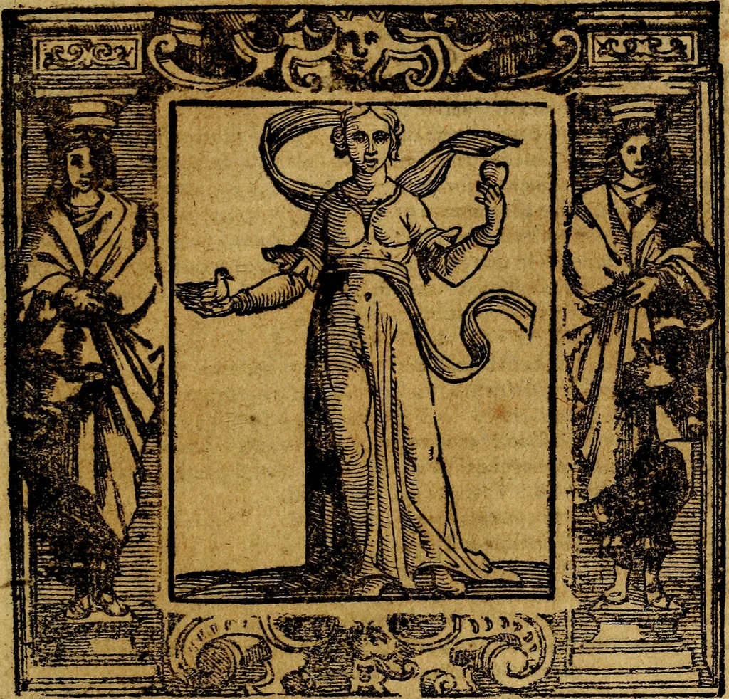 An illustration from Iconologia di Cesare Ripa Perugina ... Nella quale si descrivono diverse imagini di virtù, vitij, affetti, passioni humane, arti discipline, humori, elementi, corpi celesti, prouincie d'Italia, fiumi, tutte le parti del mondo, ed altre infinite materie. Opera utile ad oratori, predicatori, poeti pittori, sculptori, disegnatori, e ad ogni studioso, per inuentar concetti, emblemi, ed imprese, per diuisare qualsiuoglia appatato nuttiale, funerale, trionfale. Per rappresentar poemi drammatici, e per figurare co'suoi propij simboli ciò, che può cadere in pensiero humano. Ampliata ultimamente dallo stresso autore di CC. imagini, e erricchita di molti discorsi pieni di varia eruditione .., 1613, leaf 696