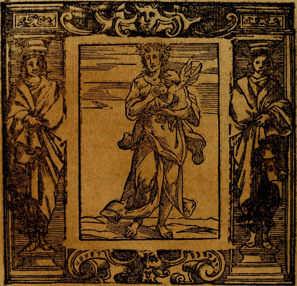 An illustration from Iconologia di Cesare Ripa Perugina ... Nella quale si descrivono diverse imagini di virtù, vitij, affetti, passioni humane, arti discipline, humori, elementi, corpi celesti, prouincie d'Italia, fiumi, tutte le parti del mondo, ed altre infinite materie. Opera utile ad oratori, predicatori, poeti pittori, sculptori, disegnatori, e ad ogni studioso, per inuentar concetti, emblemi, ed imprese, per diuisare qualsiuoglia appatato nuttiale, funerale, trionfale. Per rappresentar poemi drammatici, e per figurare co'suoi propij simboli ciò, che può cadere in pensiero humano. Ampliata ultimamente dallo stresso autore di CC. imagini, e erricchita di molti discorsi pieni di varia eruditione .., 1613, leaf 709