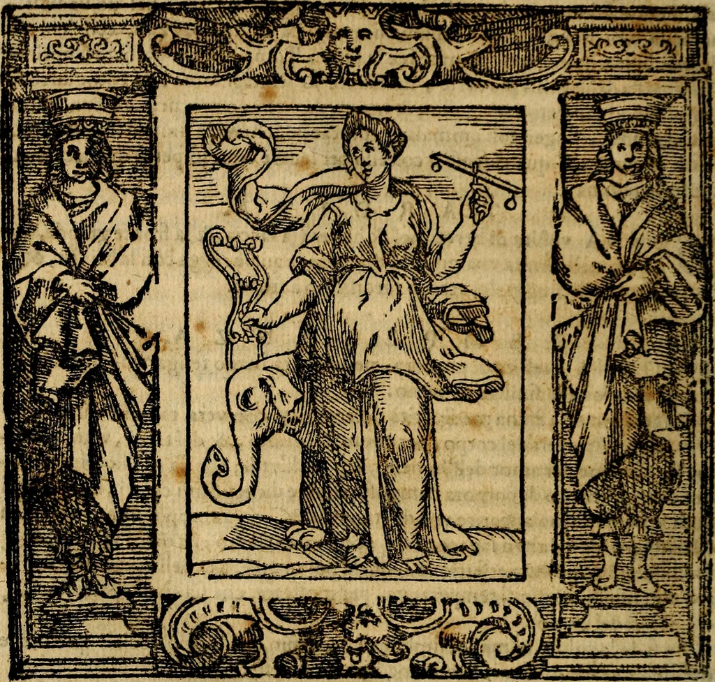 An illustration from Iconologia di Cesare Ripa Perugina ... Nella quale si descrivono diverse imagini di virtù, vitij, affetti, passioni humane, arti discipline, humori, elementi, corpi celesti, prouincie d'Italia, fiumi, tutte le parti del mondo, ed altre infinite materie. Opera utile ad oratori, predicatori, poeti pittori, sculptori, disegnatori, e ad ogni studioso, per inuentar concetti, emblemi, ed imprese, per diuisare qualsiuoglia appatato nuttiale, funerale, trionfale. Per rappresentar poemi drammatici, e per figurare co'suoi propij simboli ciò, che può cadere in pensiero humano. Ampliata ultimamente dallo stresso autore di CC. imagini, e erricchita di molti discorsi pieni di varia eruditione .., 1613, leaf 755