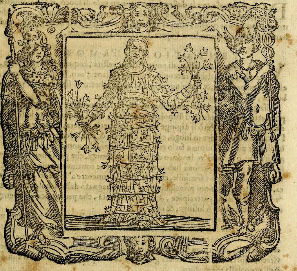 An illustration from Iconologia di Cesare Ripa Perugina ... Nella quale si descrivono diverse imagini di virtù, vitij, affetti, passioni humane, arti discipline, humori, elementi, corpi celesti, prouincie d'Italia, fiumi, tutte le parti del mondo, ed altre infinite materie. Opera utile ad oratori, predicatori, poeti pittori, sculptori, disegnatori, e ad ogni studioso, per inuentar concetti, emblemi, ed imprese, per diuisare qualsiuoglia appatato nuttiale, funerale, trionfale. Per rappresentar poemi drammatici, e per figurare co'suoi propij simboli ciò, che può cadere in pensiero humano. Ampliata ultimamente dallo stresso autore di CC. imagini, e erricchita di molti discorsi pieni di varia eruditione .., 1613, leaf 758