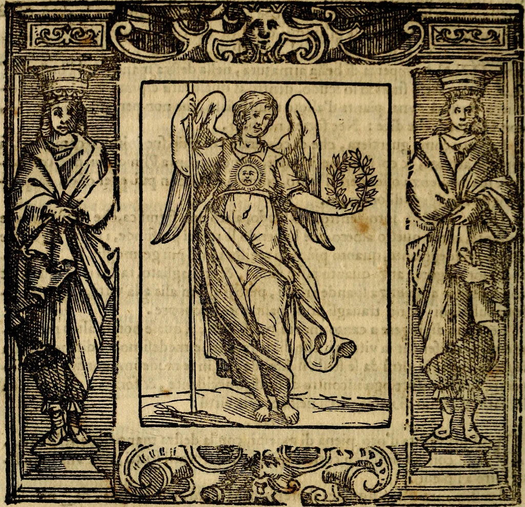 An illustration from Iconologia di Cesare Ripa Perugina ... Nella quale si descrivono diverse imagini di virtù, vitij, affetti, passioni humane, arti discipline, humori, elementi, corpi celesti, prouincie d'Italia, fiumi, tutte le parti del mondo, ed altre infinite materie. Opera utile ad oratori, predicatori, poeti pittori, sculptori, disegnatori, e ad ogni studioso, per inuentar concetti, emblemi, ed imprese, per diuisare qualsiuoglia appatato nuttiale, funerale, trionfale. Per rappresentar poemi drammatici, e per figurare co'suoi propij simboli ciò, che può cadere in pensiero humano. Ampliata ultimamente dallo stresso autore di CC. imagini, e erricchita di molti discorsi pieni di varia eruditione .., 1613, leaf 815