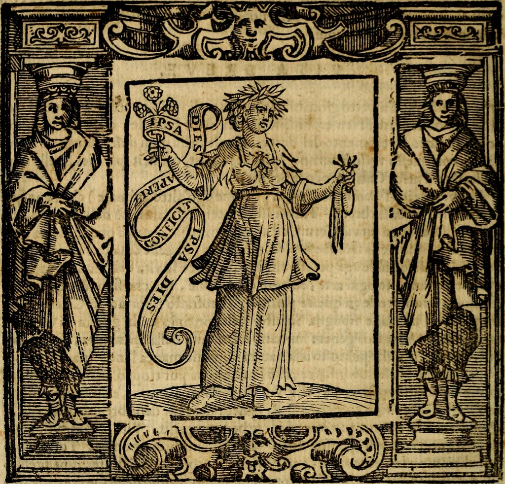An illustration from Iconologia di Cesare Ripa Perugina ... Nella quale si descrivono diverse imagini di virtù, vitij, affetti, passioni humane, arti discipline, humori, elementi, corpi celesti, prouincie d'Italia, fiumi, tutte le parti del mondo, ed altre infinite materie. Opera utile ad oratori, predicatori, poeti pittori, sculptori, disegnatori, e ad ogni studioso, per inuentar concetti, emblemi, ed imprese, per diuisare qualsiuoglia appatato nuttiale, funerale, trionfale. Per rappresentar poemi drammatici, e per figurare co'suoi propij simboli ciò, che può cadere in pensiero humano. Ampliata ultimamente dallo stresso autore di CC. imagini, e erricchita di molti discorsi pieni di varia eruditione .., 1613, leaf 821
