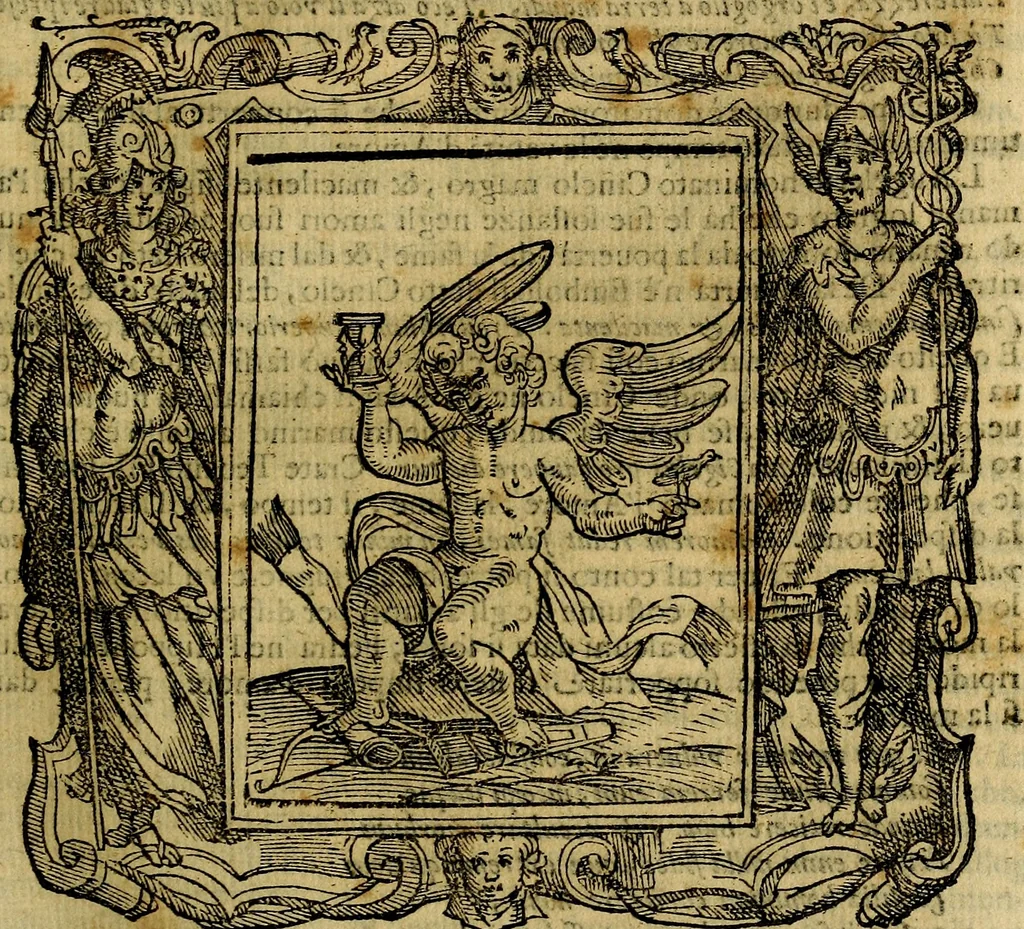 An illustration from Iconologia di Cesare Ripa Perugina ... Nella quale si descrivono diverse imagini di virtù, vitij, affetti, passioni humane, arti discipline, humori, elementi, corpi celesti, prouincie d'Italia, fiumi, tutte le parti del mondo, ed altre infinite materie. Opera utile ad oratori, predicatori, poeti pittori, sculptori, disegnatori, e ad ogni studioso, per inuentar concetti, emblemi, ed imprese, per diuisare qualsiuoglia appatato nuttiale, funerale, trionfale. Per rappresentar poemi drammatici, e per figurare co'suoi propij simboli ciò, che può cadere in pensiero humano. Ampliata ultimamente dallo stresso autore di CC. imagini, e erricchita di molti discorsi pieni di varia eruditione .., 1613, leaf 92