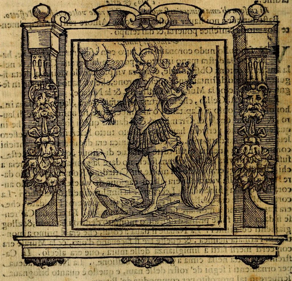 An illustration from Iconologia di Cesare Ripa Perugina ... Nella quale si descrivono diverse imagini di virtù, vitij, affetti, passioni humane, arti discipline, humori, elementi, corpi celesti, prouincie d'Italia, fiumi, tutte le parti del mondo, ed altre infinite materie. Opera utile ad oratori, predicatori, poeti pittori, sculptori, disegnatori, e ad ogni studioso, per inuentar concetti, emblemi, ed imprese, per diuisare qualsiuoglia appatato nuttiale, funerale, trionfale. Per rappresentar poemi drammatici, e per figurare co'suoi propij simboli ciò, che può cadere in pensiero humano. Ampliata ultimamente dallo stresso autore di CC. imagini, e erricchita di molti discorsi pieni di varia eruditione .., 1613, leaf 95
