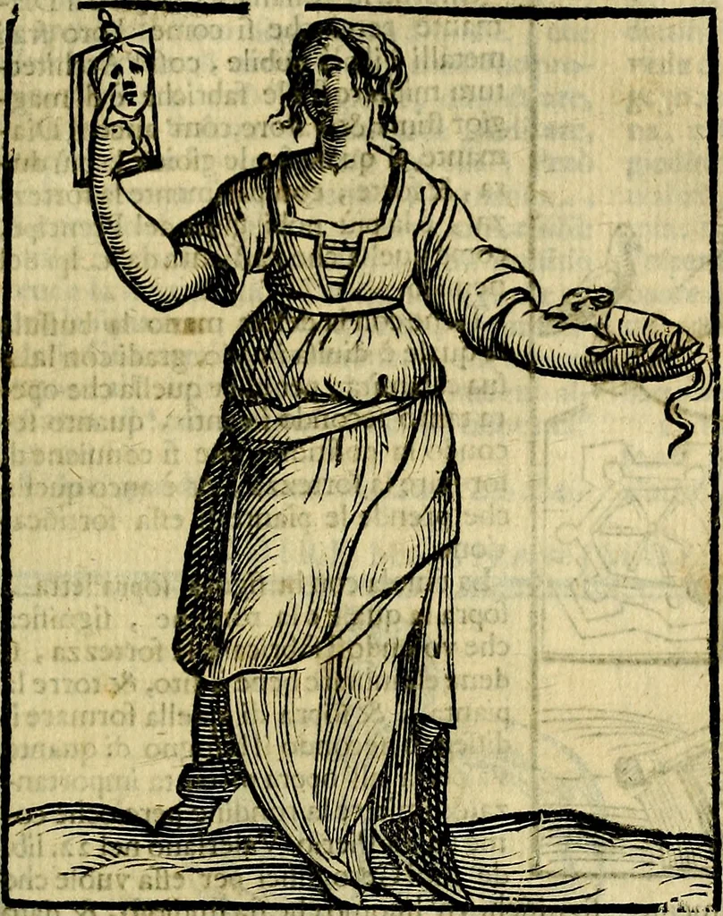 An illustration from Iconologia di Cesare Ripa ... Divisa in tre libri, ne i quali si esprimono varie imagini di virtù, vitij, affetti, passioni humane, arti, discipline, humori, elementi, corpi celesti, prouincie d'Italia, fiumi, & altre materie infinite vtili ad ogni stato di persone, 1669, leaf 102