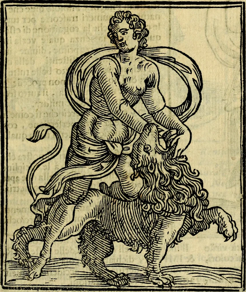An illustration from Iconologia di Cesare Ripa ... Divisa in tre libri, ne i quali si esprimono varie imagini di virtù, vitij, affetti, passioni humane, arti, discipline, humori, elementi, corpi celesti, prouincie d'Italia, fiumi, & altre materie infinite vtili ad ogni stato di persone, 1669, leaf 104