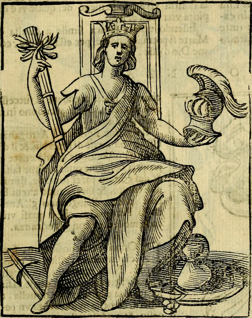 An illustration from Iconologia di Cesare Ripa ... Divisa in tre libri, ne i quali si esprimono varie imagini di virtù, vitij, affetti, passioni humane, arti, discipline, humori, elementi, corpi celesti, prouincie d'Italia, fiumi, & altre materie infinite vtili ad ogni stato di persone, 1669, leaf 106
