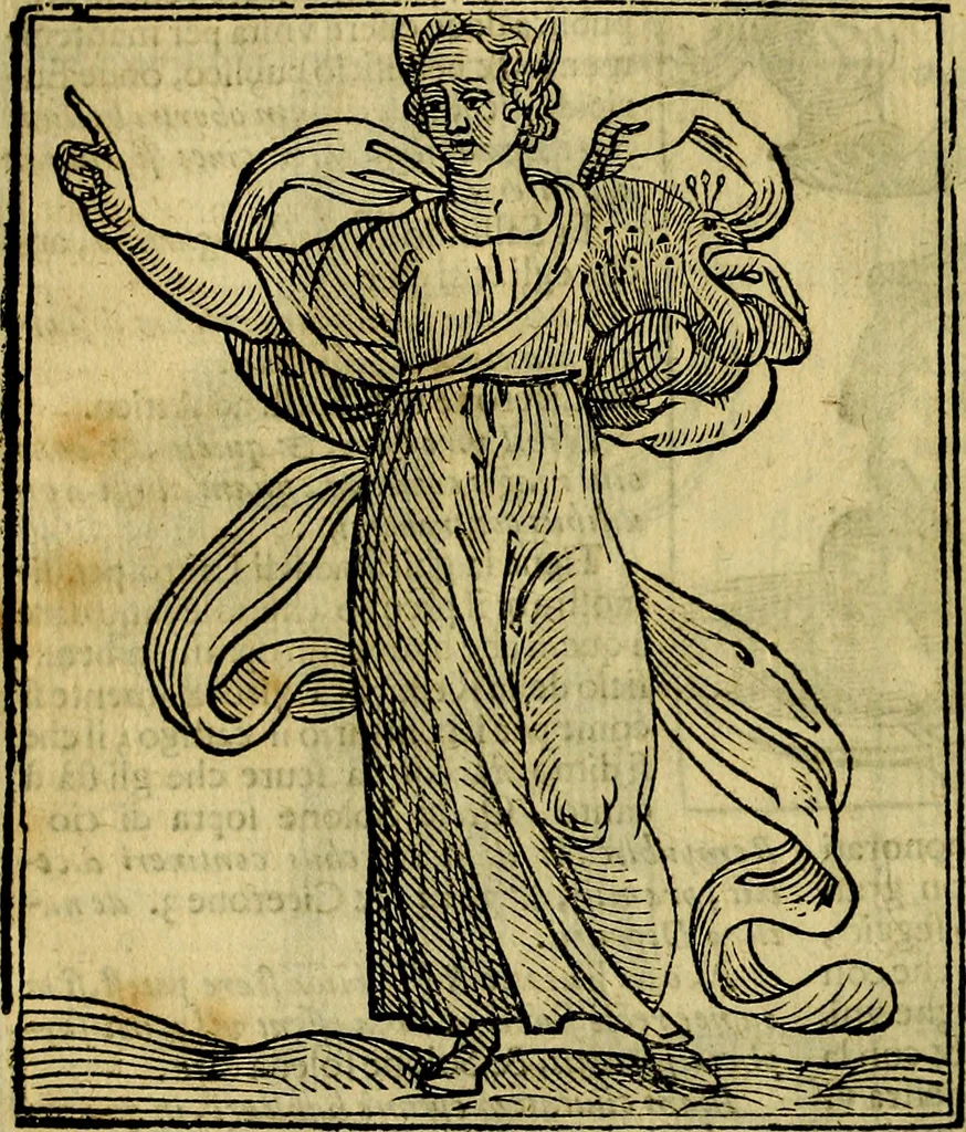 An illustration from Iconologia di Cesare Ripa ... Divisa in tre libri, ne i quali si esprimono varie imagini di virtù, vitij, affetti, passioni humane, arti, discipline, humori, elementi, corpi celesti, prouincie d'Italia, fiumi, & altre materie infinite vtili ad ogni stato di persone, 1669, leaf 107
