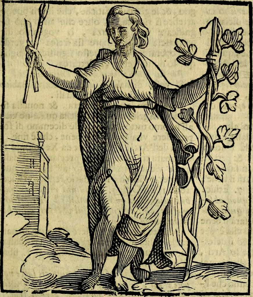 An illustration from Iconologia di Cesare Ripa ... Divisa in tre libri, ne i quali si esprimono varie imagini di virtù, vitij, affetti, passioni humane, arti, discipline, humori, elementi, corpi celesti, prouincie d'Italia, fiumi, & altre materie infinite vtili ad ogni stato di persone, 1669, leaf 108