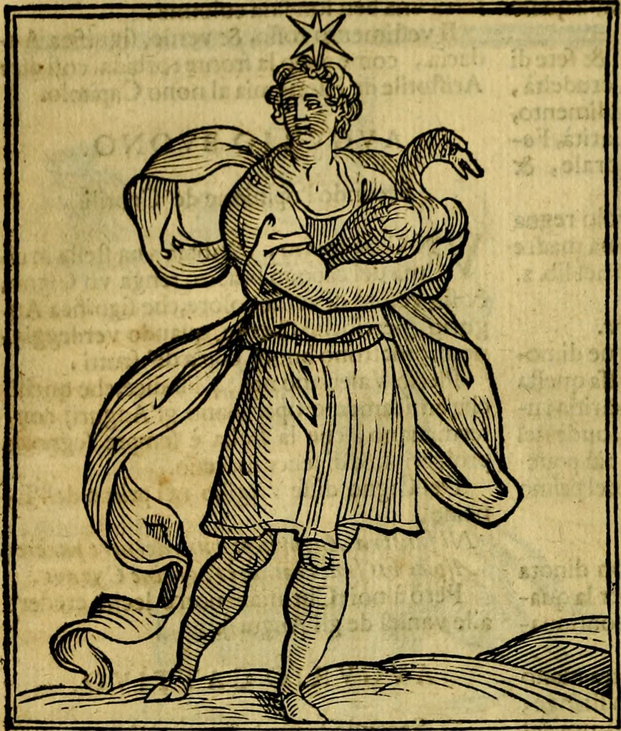 An illustration from Iconologia di Cesare Ripa ... Divisa in tre libri, ne i quali si esprimono varie imagini di virtù, vitij, affetti, passioni humane, arti, discipline, humori, elementi, corpi celesti, prouincie d'Italia, fiumi, & altre materie infinite vtili ad ogni stato di persone, 1669, leaf 117