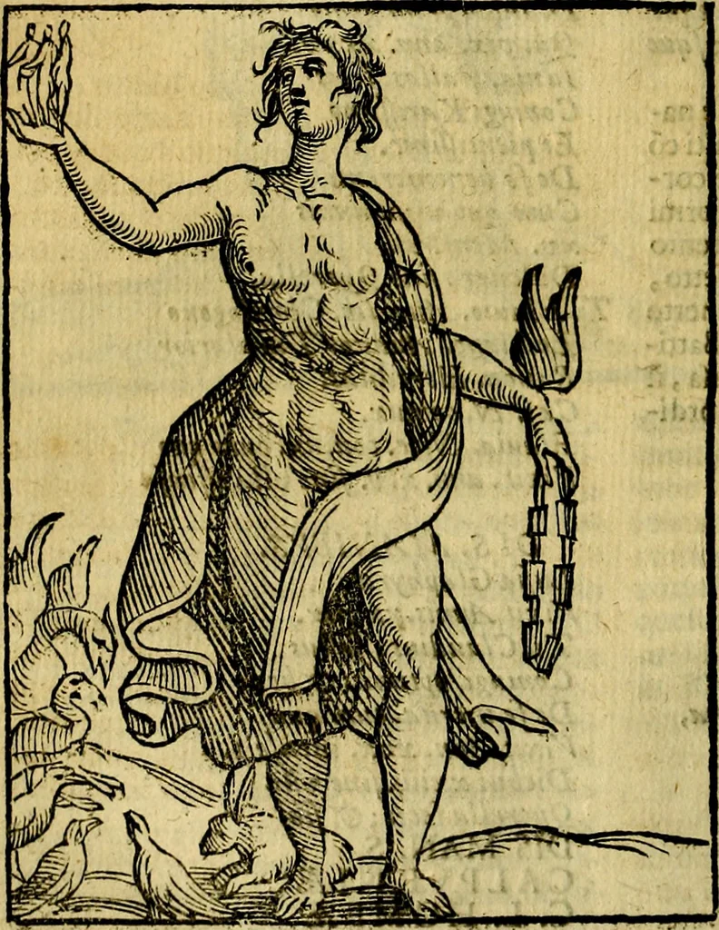 An illustration from Iconologia di Cesare Ripa ... Divisa in tre libri, ne i quali si esprimono varie imagini di virtù, vitij, affetti, passioni humane, arti, discipline, humori, elementi, corpi celesti, prouincie d'Italia, fiumi, & altre materie infinite vtili ad ogni stato di persone, 1669, leaf 129