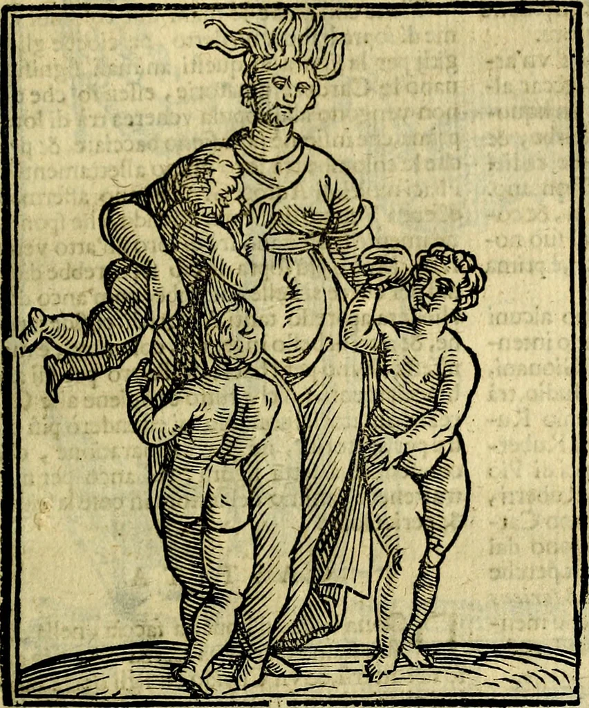 An illustration from Iconologia di Cesare Ripa ... Divisa in tre libri, ne i quali si esprimono varie imagini di virtù, vitij, affetti, passioni humane, arti, discipline, humori, elementi, corpi celesti, prouincie d'Italia, fiumi, & altre materie infinite vtili ad ogni stato di persone, 1669, leaf 148