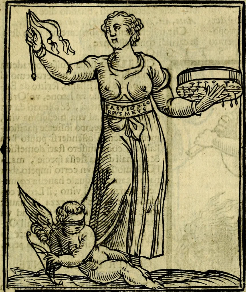 An illustration from Iconologia di Cesare Ripa ... Divisa in tre libri, ne i quali si esprimono varie imagini di virtù, vitij, affetti, passioni humane, arti, discipline, humori, elementi, corpi celesti, prouincie d'Italia, fiumi, & altre materie infinite vtili ad ogni stato di persone, 1669, leaf 150
