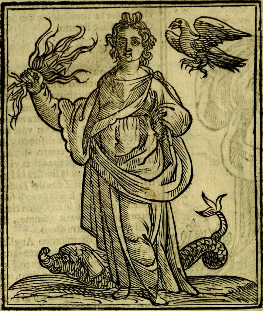 An illustration from Iconologia di Cesare Ripa ... Divisa in tre libri, ne i quali si esprimono varie imagini di virtù, vitij, affetti, passioni humane, arti, discipline, humori, elementi, corpi celesti, prouincie d'Italia, fiumi, & altre materie infinite vtili ad ogni stato di persone, 1669, leaf 153