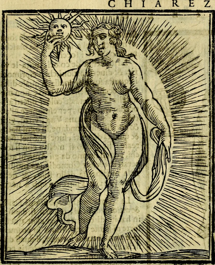 An illustration from Iconologia di Cesare Ripa ... Divisa in tre libri, ne i quali si esprimono varie imagini di virtù, vitij, affetti, passioni humane, arti, discipline, humori, elementi, corpi celesti, prouincie d'Italia, fiumi, & altre materie infinite vtili ad ogni stato di persone, 1669, leaf 154